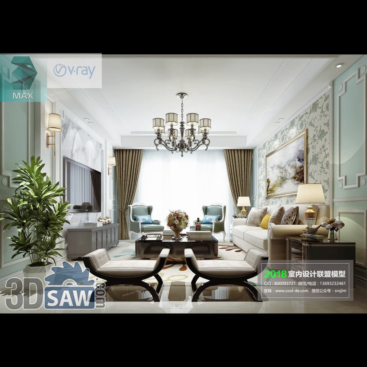 Download 3ds Max Classic Living Room 3D Model 3ds Max classic living room with mint green floral wallpaper and silver chandelier