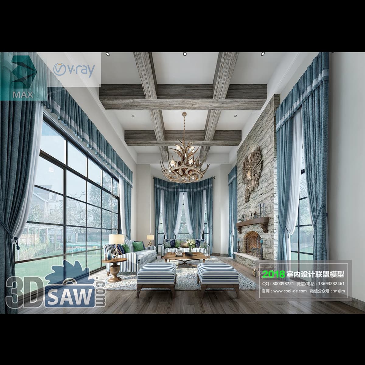 Download 3ds Max Rustic Living Room 3D Model 3ds Max rustic living room with antler chandelier and stone fireplace