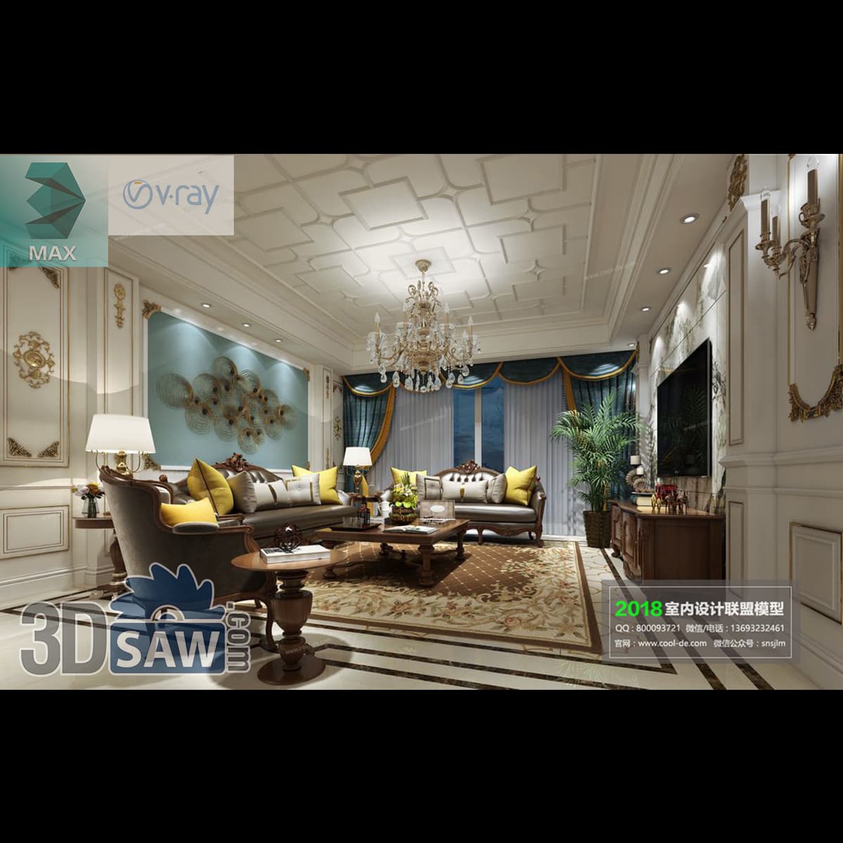 Download 3ds Max Classic Living Room 3D Model 3ds Max classic living room with sculptural gold wall art and mustard accent pillows