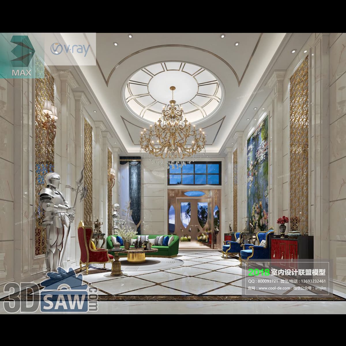 Download 3ds Max Classic Luxury Lobby 3D Model 3ds Max classic luxury lobby with crystal chandelier and marble columns