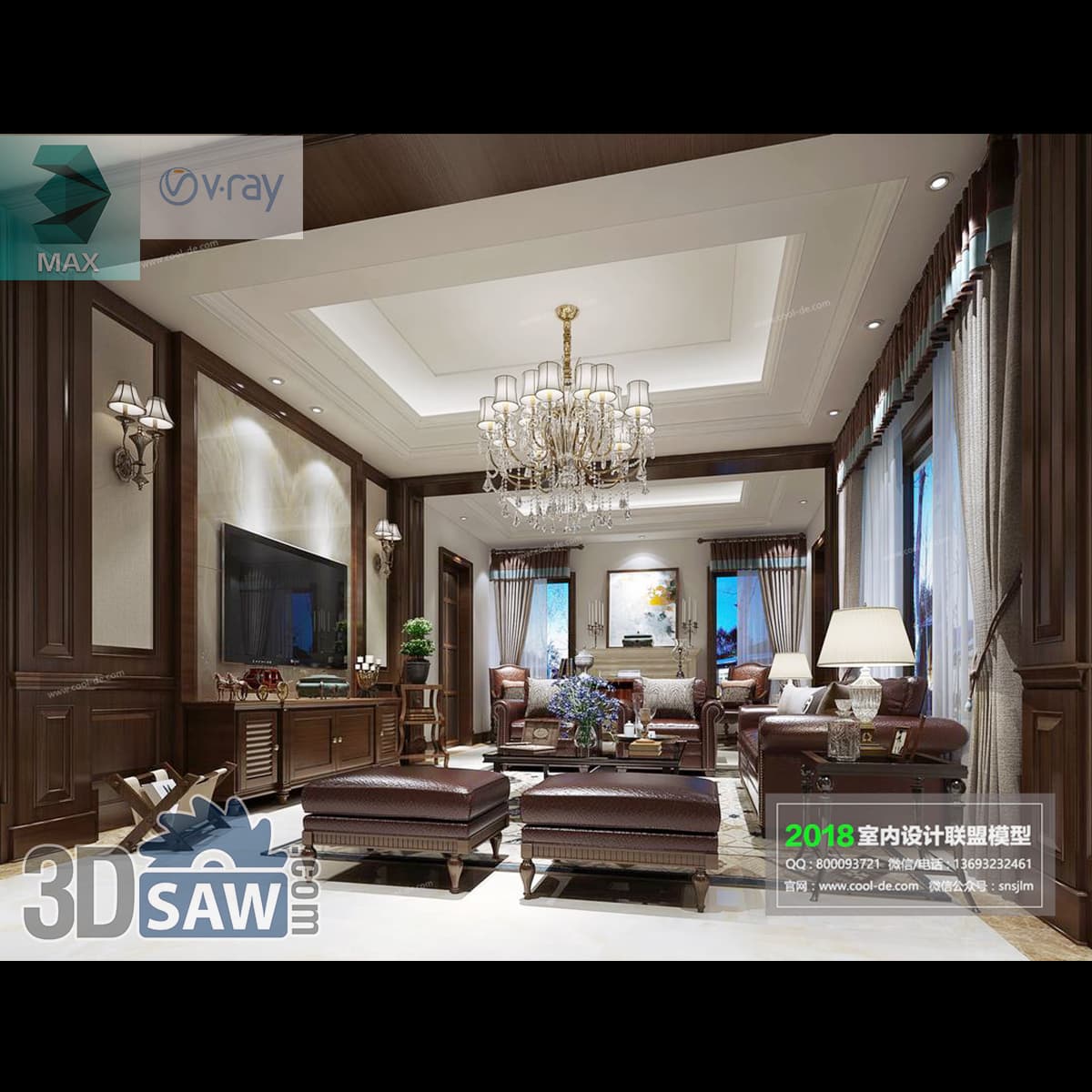 Download 3ds Max Classic Living Room 3D Model 3ds Max classic living room with dark wood paneling and burgundy leather sofas