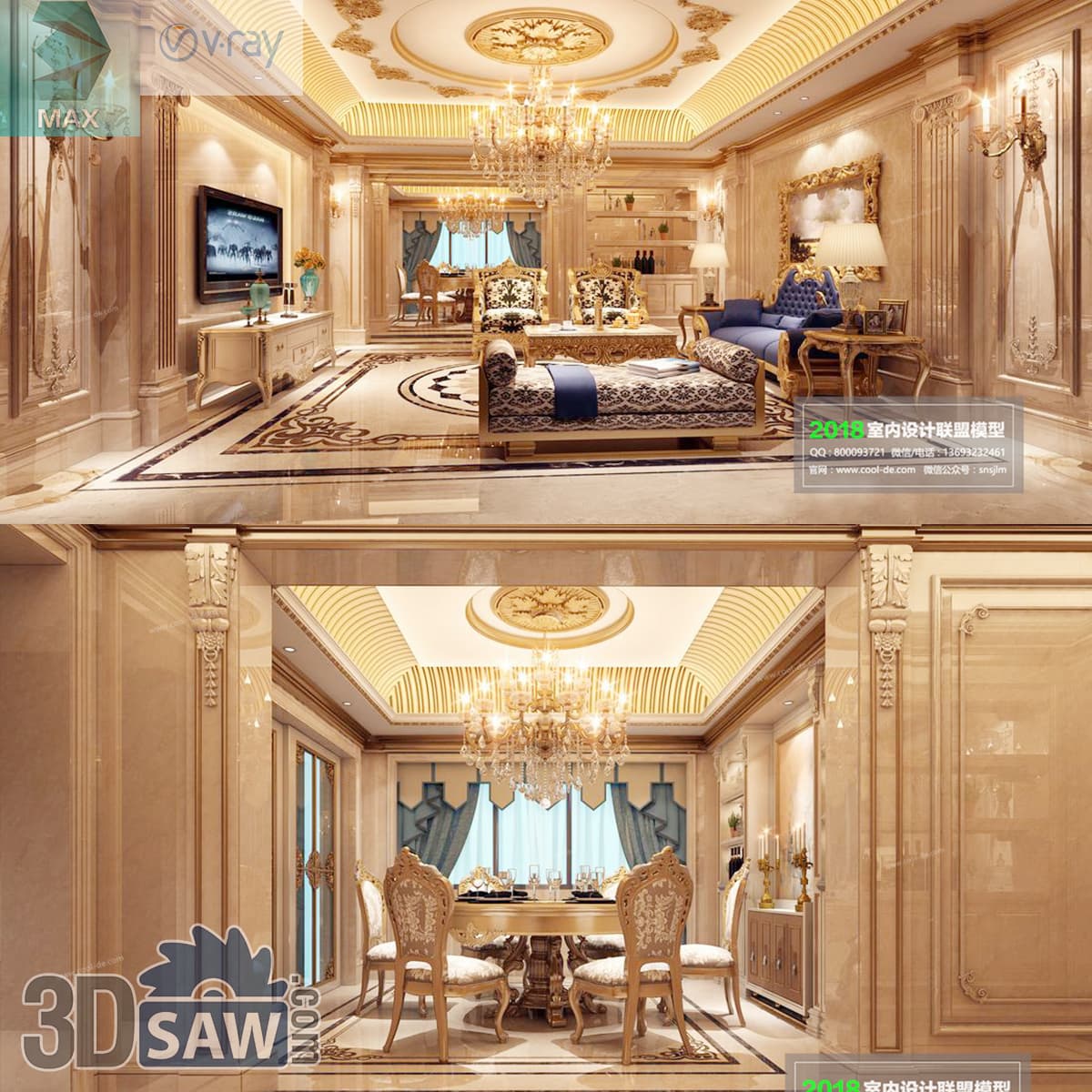 Download 3ds Max Luxury Living & Dining Room 3D Model 3ds Max luxury gold marble living and dining room with baroque carved chairs