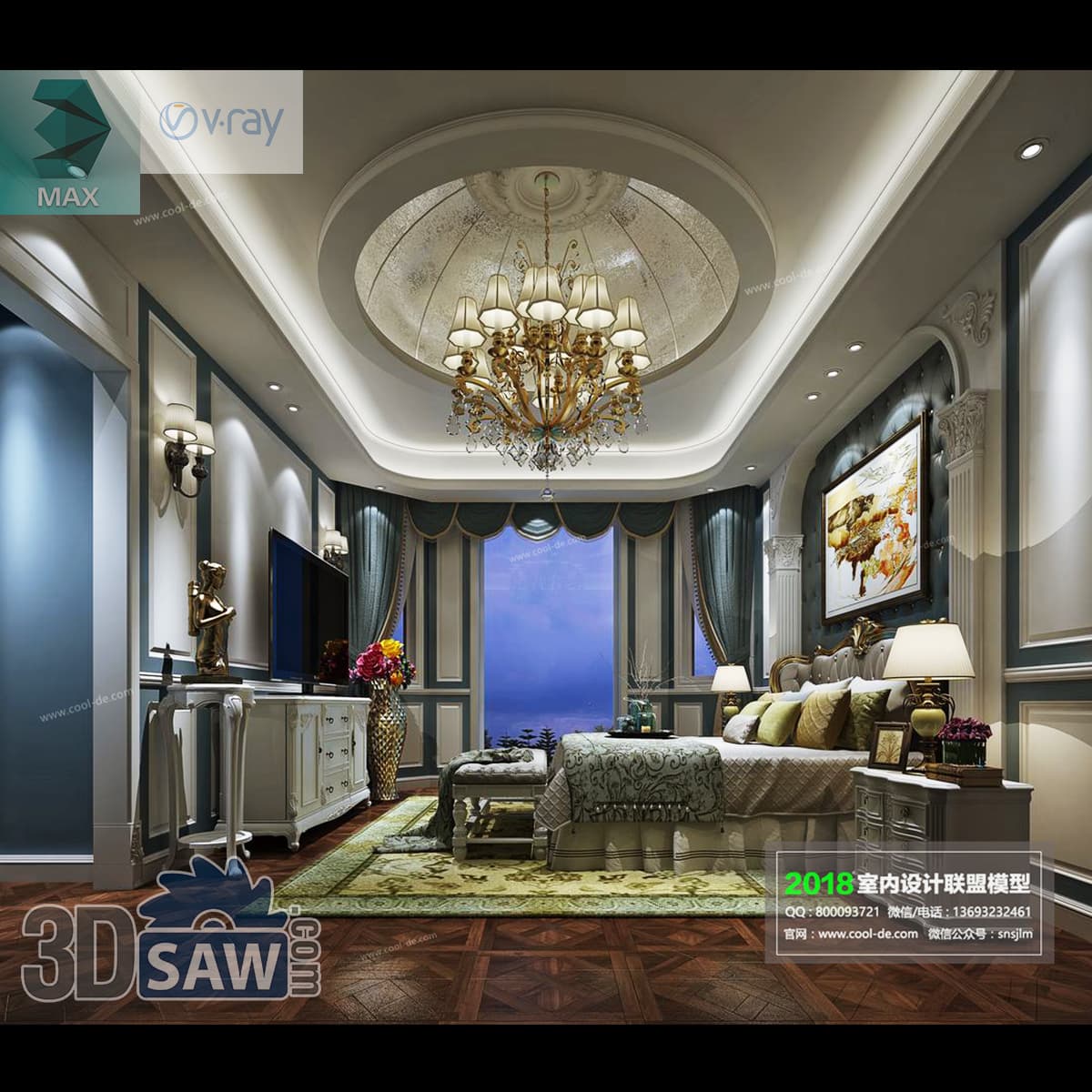 Download 3ds Max Classic Bedroom 3D Model 3ds Max classic bedroom with domed ceiling and gold tufted headboard