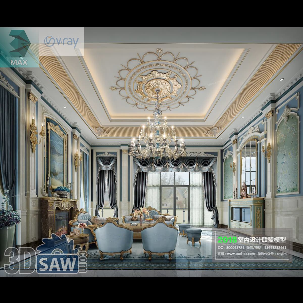Download 3ds Max Classic Luxury Living Room 3D Model 3ds Max baroque-style classic luxury living room with gold carved ceiling medallion