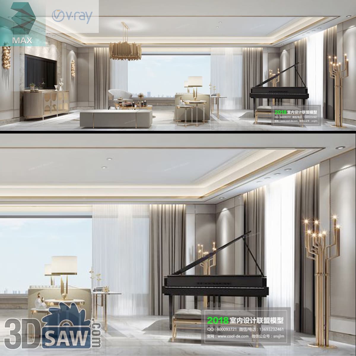 Download 3ds Max Modern Luxury Living Room 3D Model 3ds Max modern luxury living room with grand piano and gold cluster pendant light