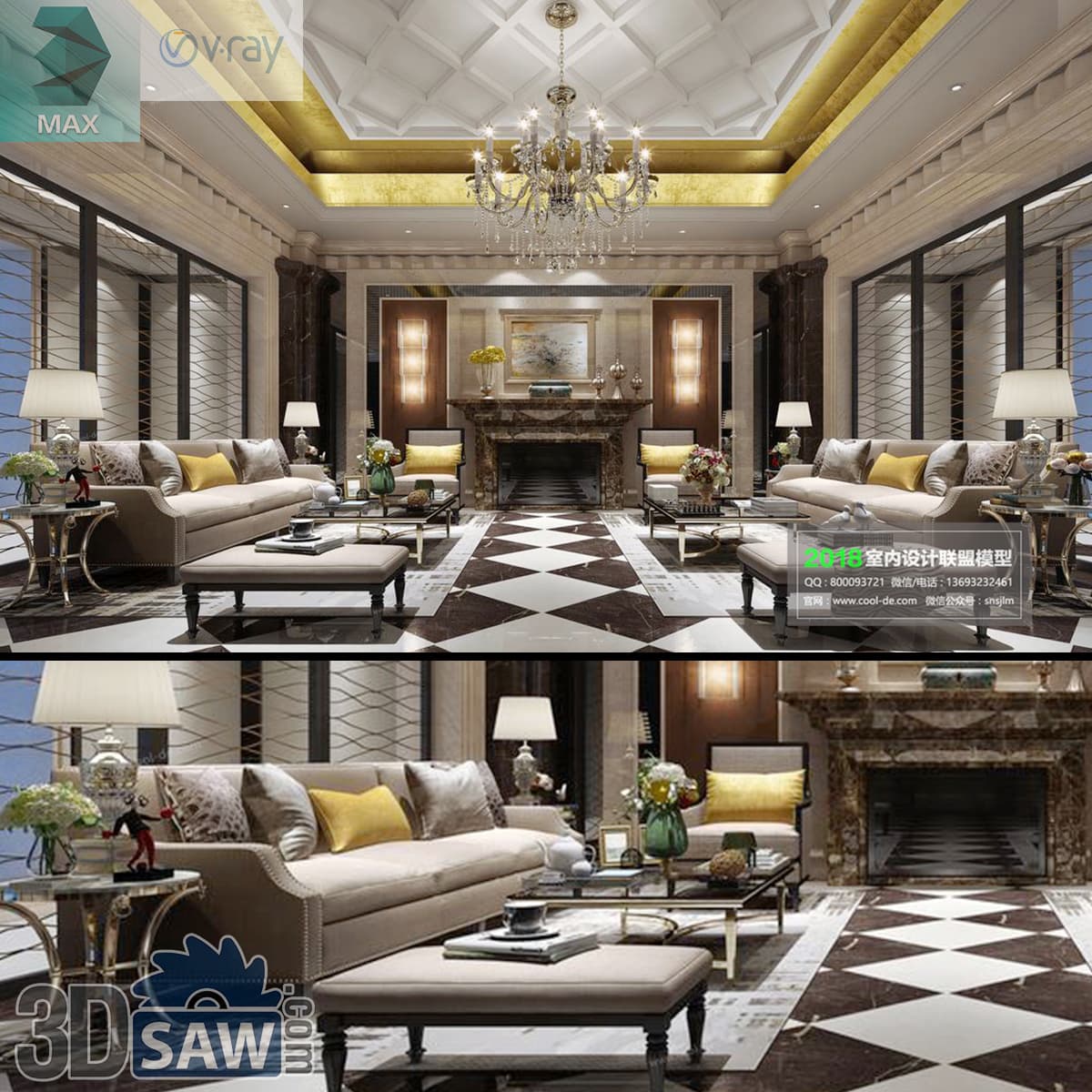 Download 3ds Max Classic Luxury Living Room 3D Model 3ds Max classic luxury living room with checkerboard marble floor and crystal chandelier