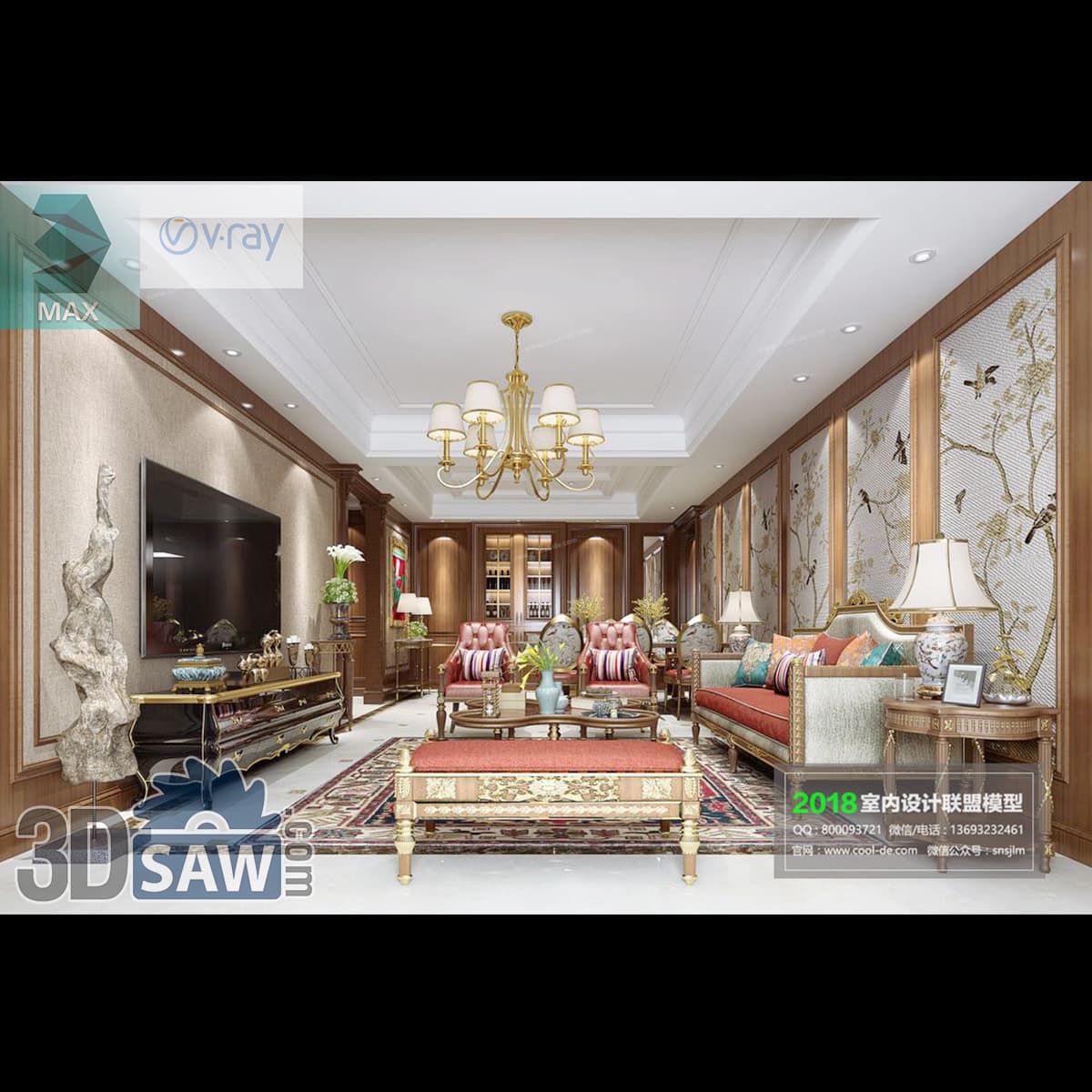 Download 3ds Max Classic Luxury Living Room 3D Model 3ds Max classic luxury living room with chinoiserie silk wall panels and coral sofa