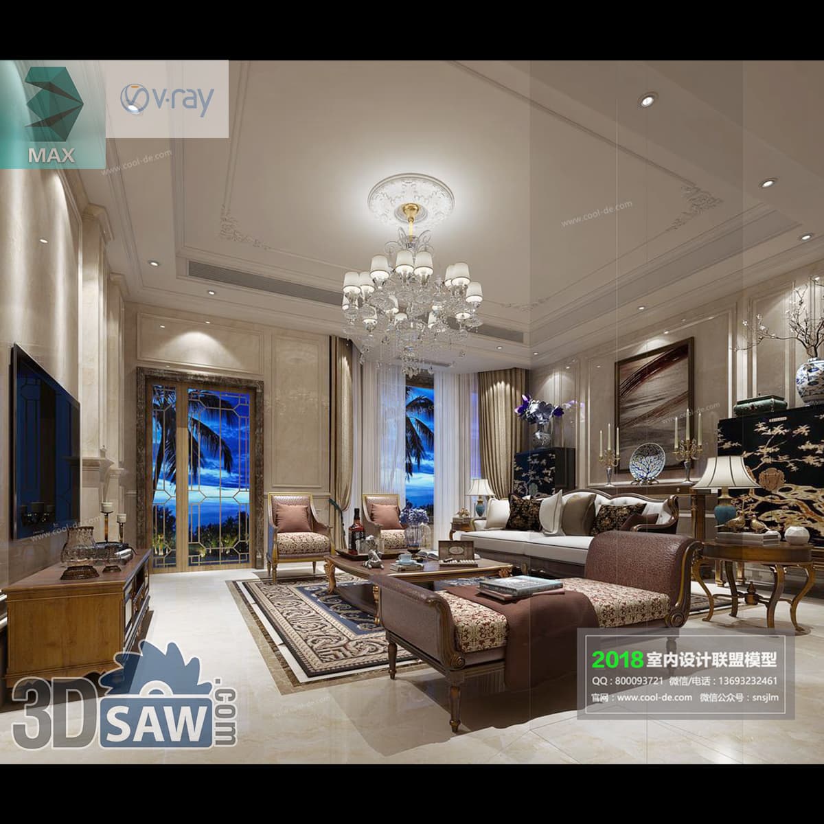 Download 3ds Max Classic Luxury Living Room 3D Model 3ds Max classic luxury living room with crystal chandelier and chinoiserie accents