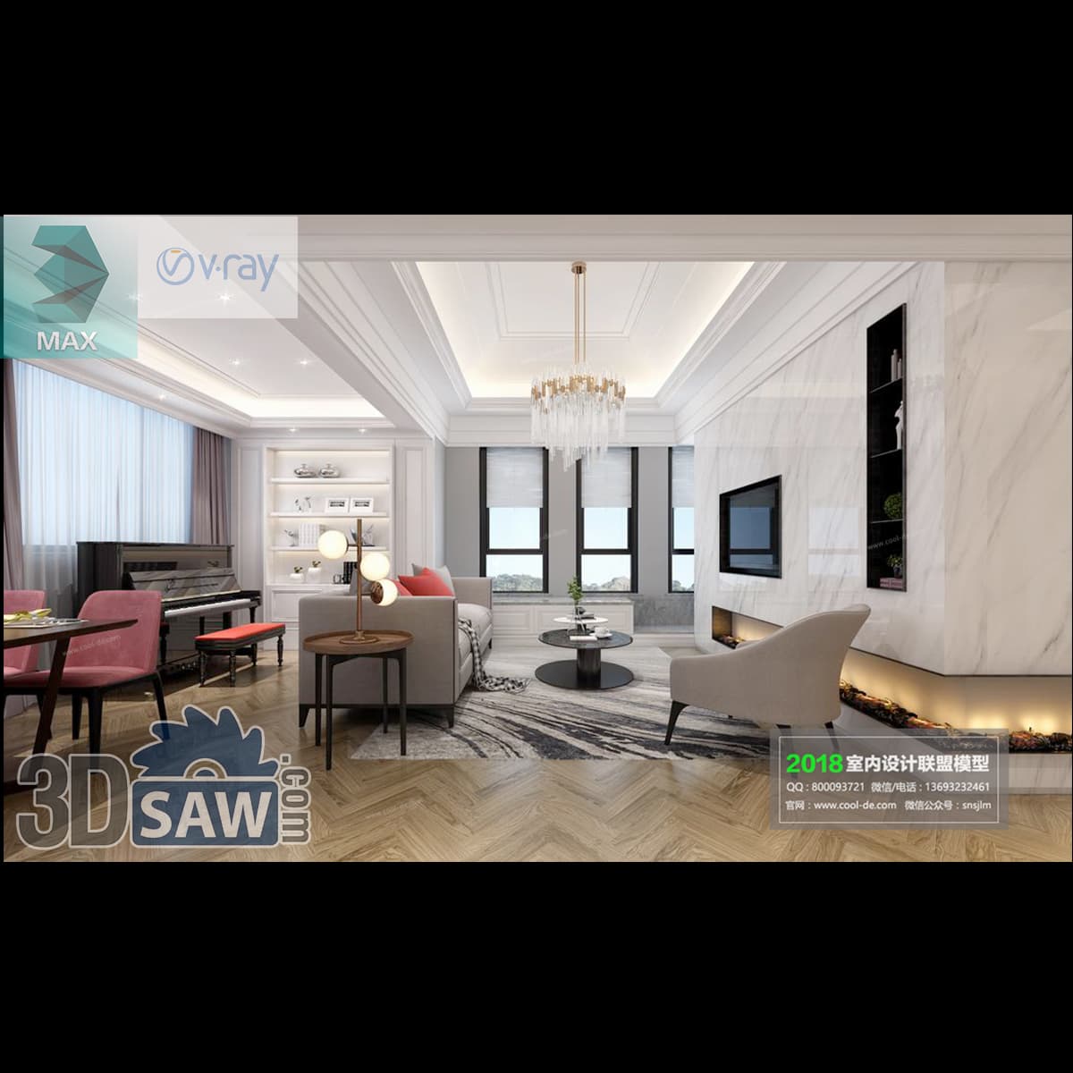 Download 3ds Max Modern Living Dining Room 3D Model 3ds Max modern living and dining room with upright piano and marble fireplace wall