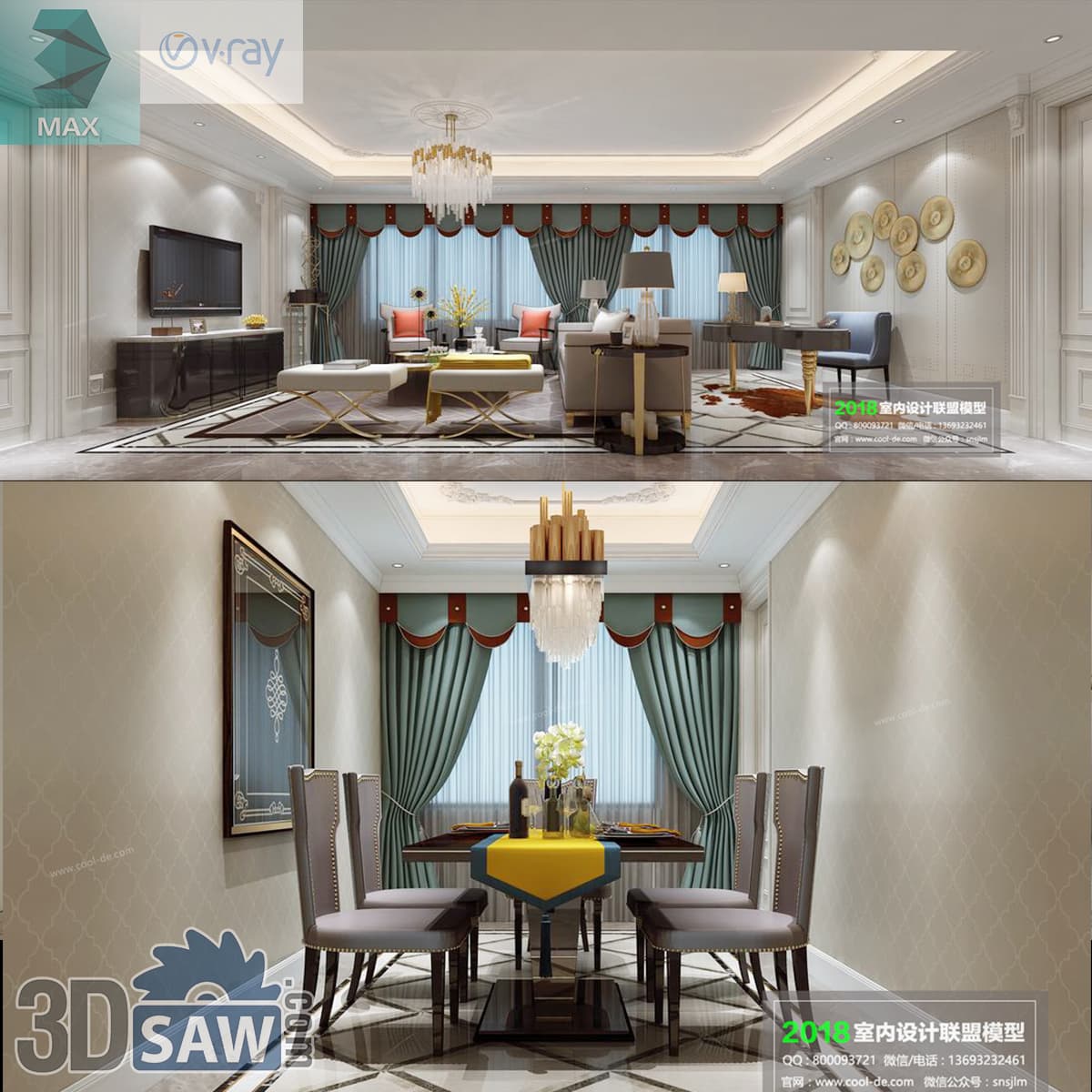 Download 3ds Max Contemporary Living Dining Room 3D Model 3ds Max contemporary living and dining room with sage green drapery and gold accents