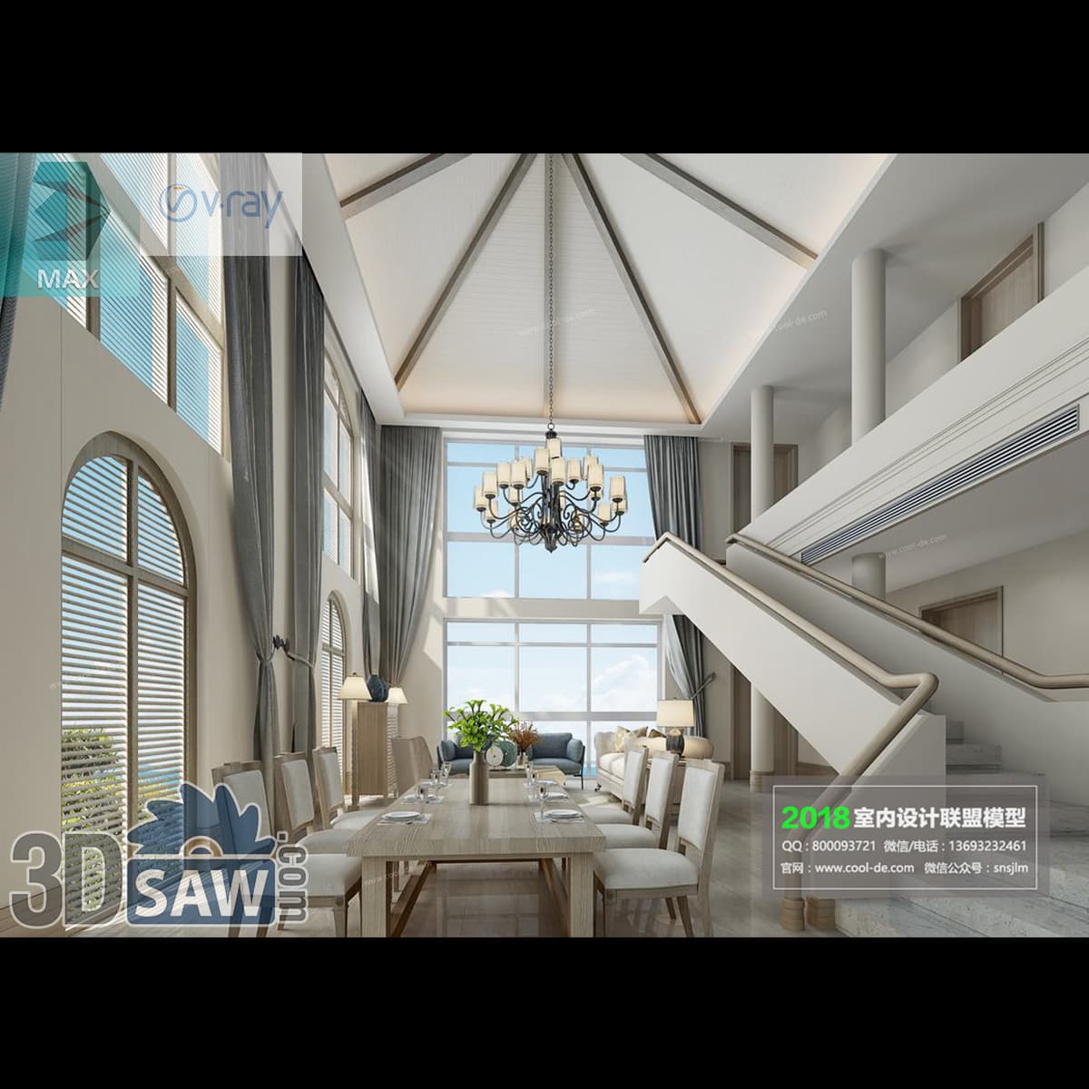 Download 3ds Max Rustic Double-Height Dining Room 3D Model 3ds Max rustic double-height dining room with vaulted wood ceiling and wrought-iron chandelier