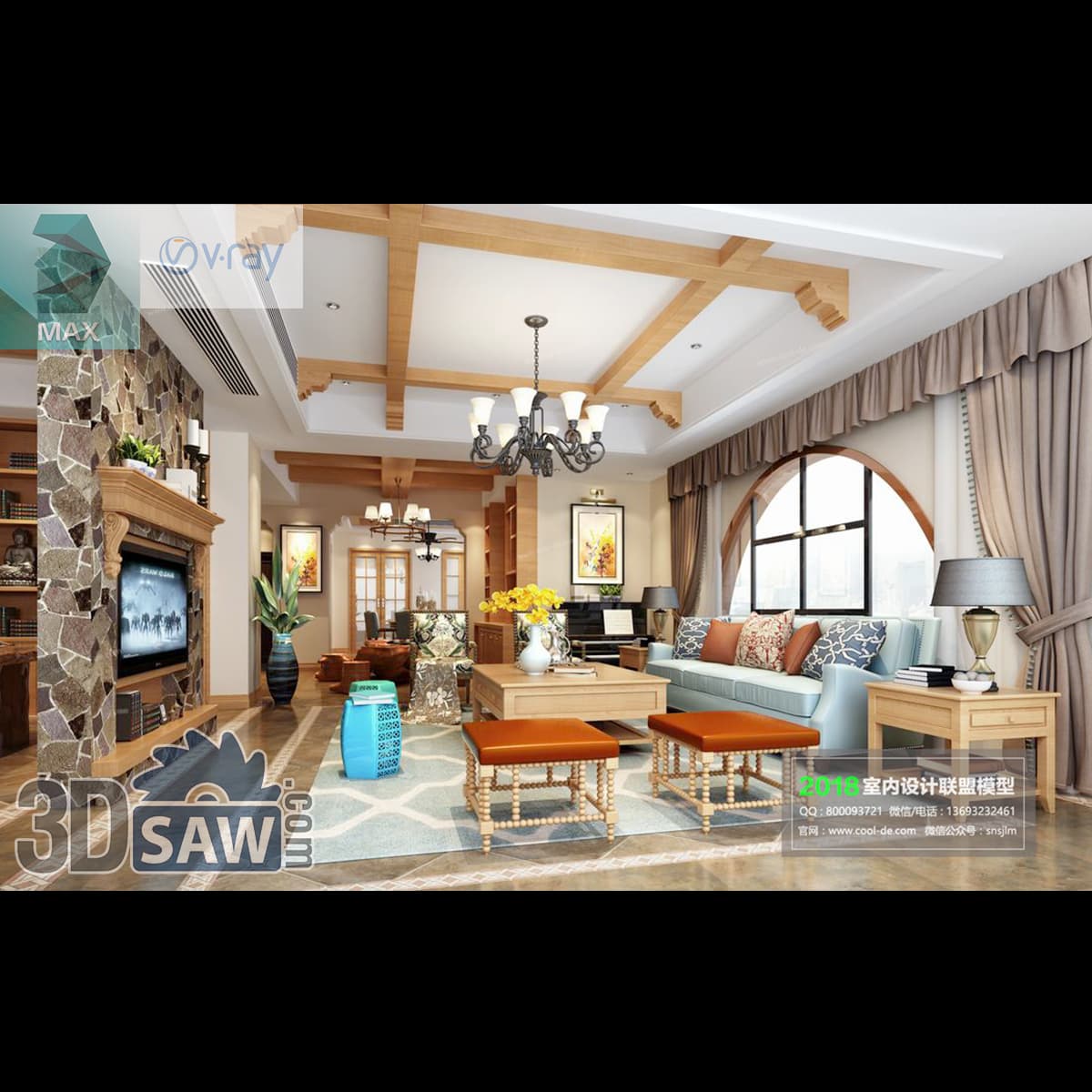 Download 3ds Max Rustic Living Room 3D Model 3ds Max rustic living room with stone fireplace and exposed wood beam ceiling