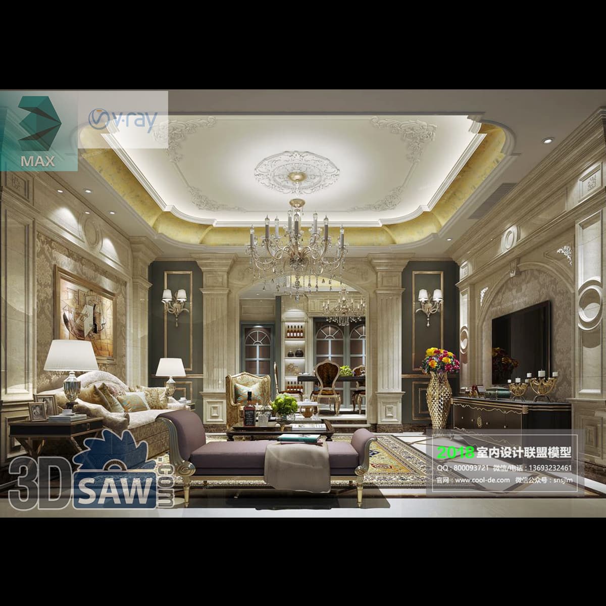 Download 3ds Max Classic Luxury Living Room 3D Model 3ds Max classic luxury living room with crystal candle chandelier and marble pilasters