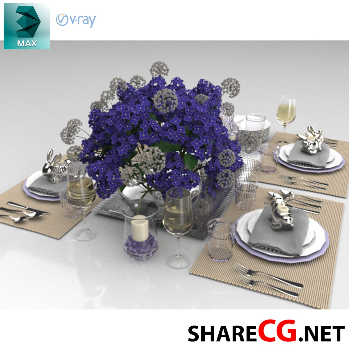 3ds Max luxury dining table setting with purple hydrangea centerpiece and gold-rimmed chargers