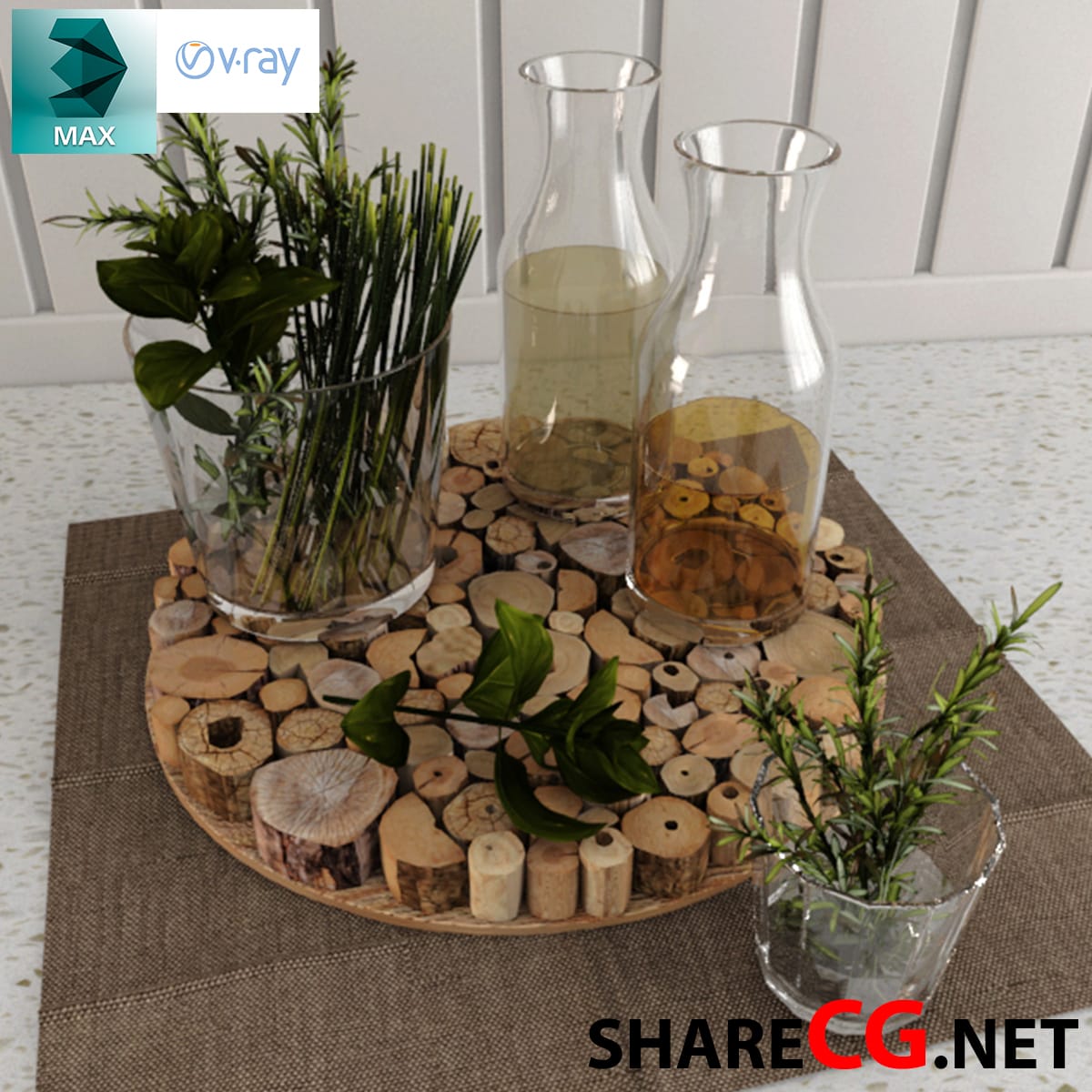 3ds Max rustic wood coaster tray with glass beverage carafes and fresh herbs