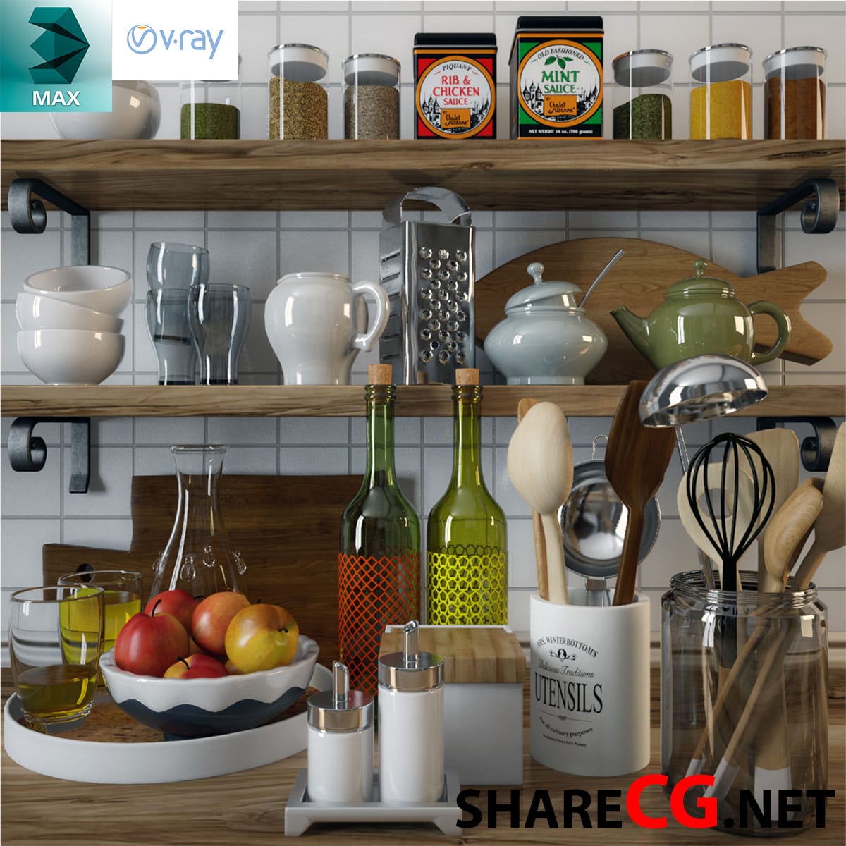 3ds Max rustic open kitchen shelf with bowls, pitcher, and wood cutting boards