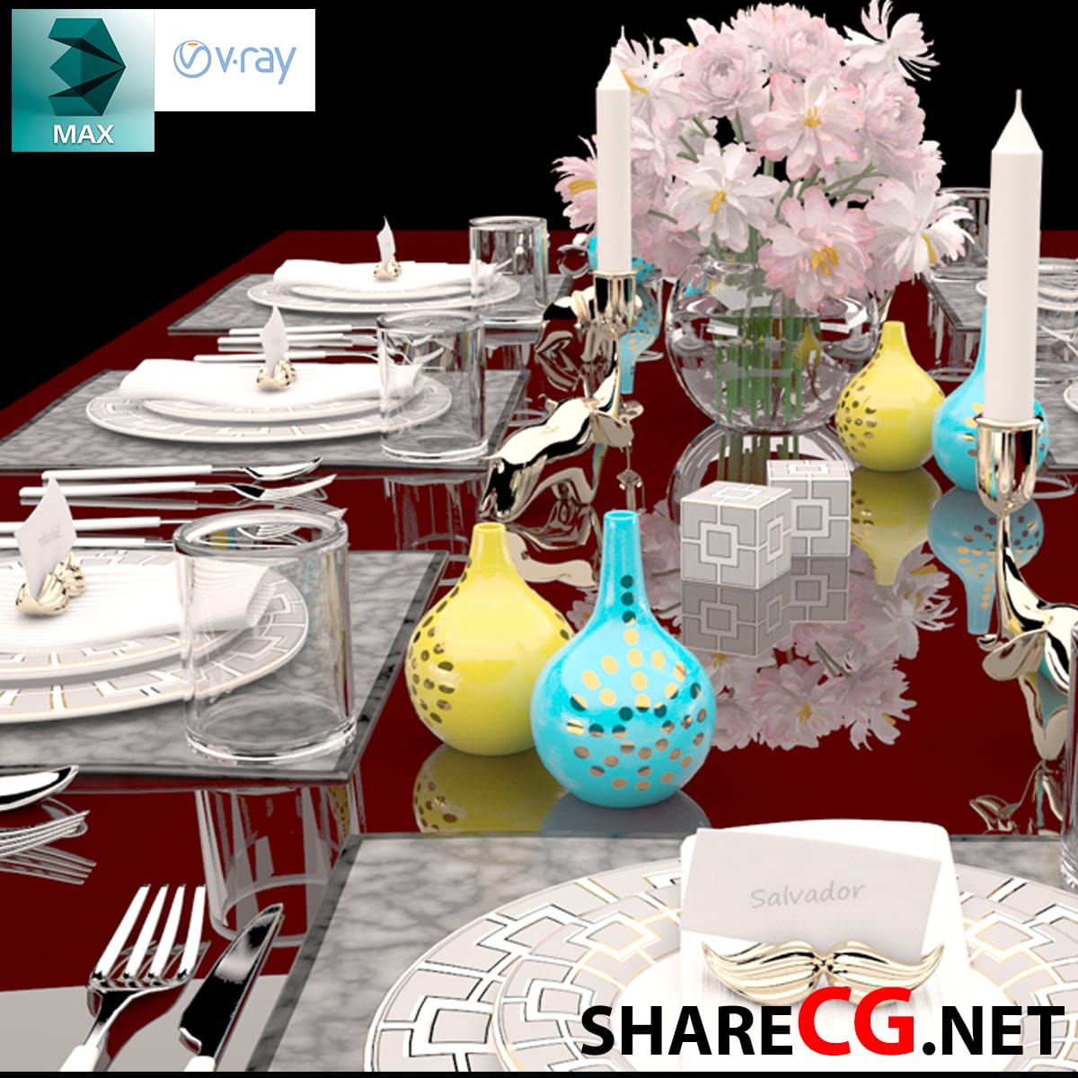 3ds Max luxury dinner table setting with pink peony centerpiece and gold-dot glass vases