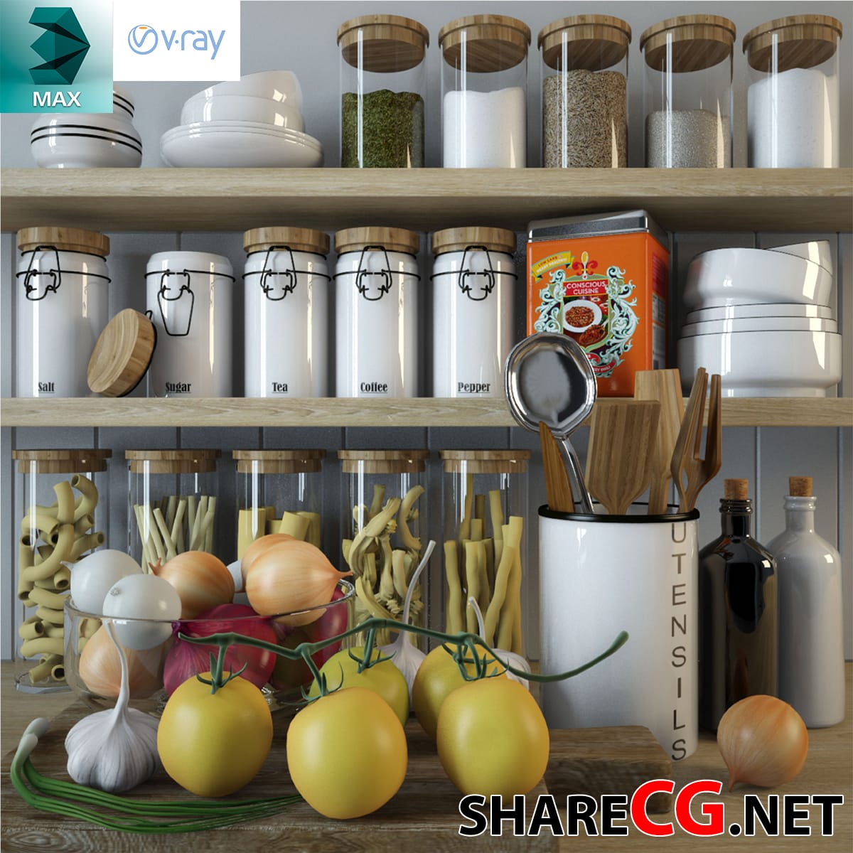 3ds Max rustic kitchen shelf with labeled spice jars and fresh vegetables