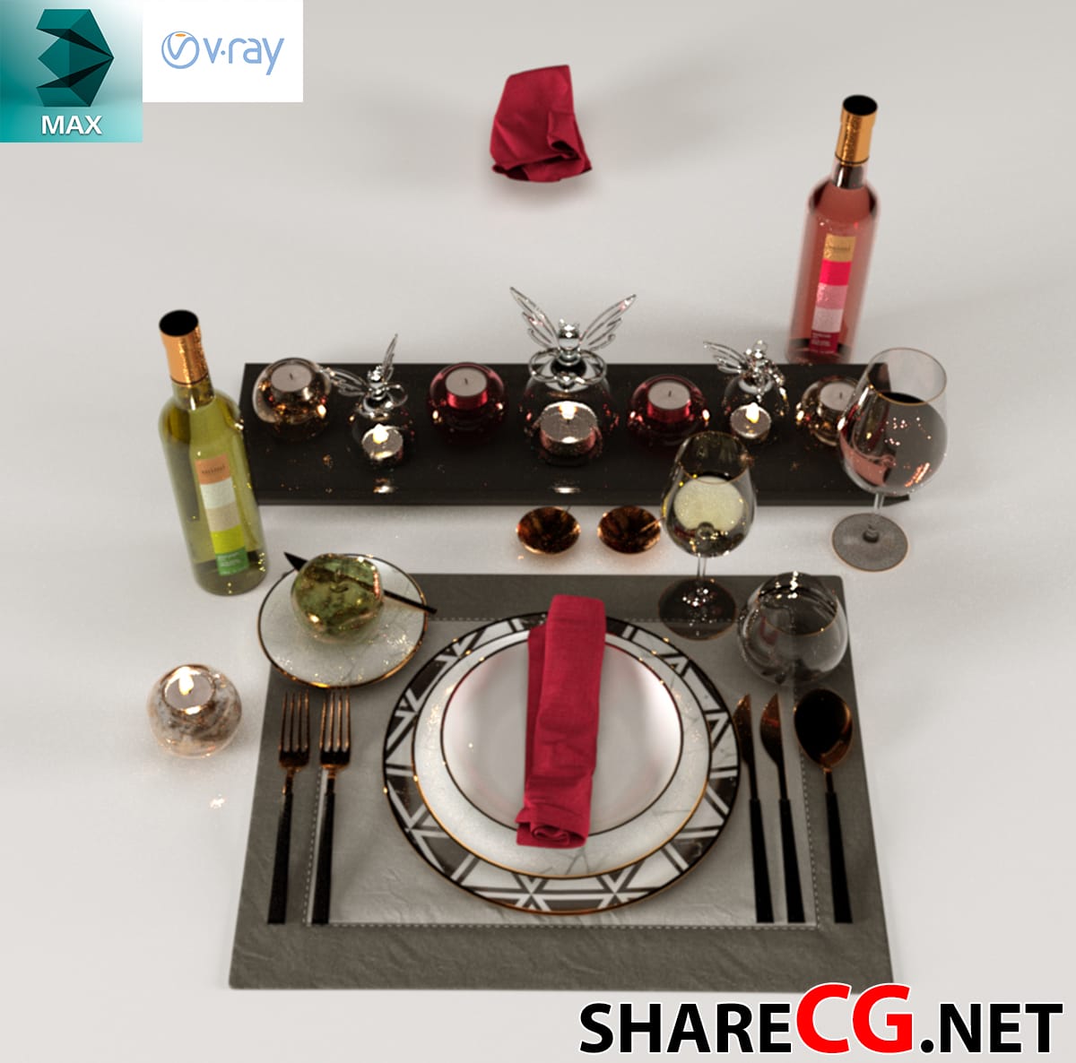 3ds Max luxury wine table setting with gold cherub candle holders and rosé glass