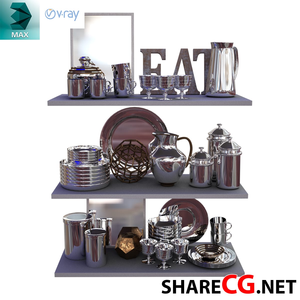 3ds Max modern chrome tableware shelf display with EAT sign and mirror