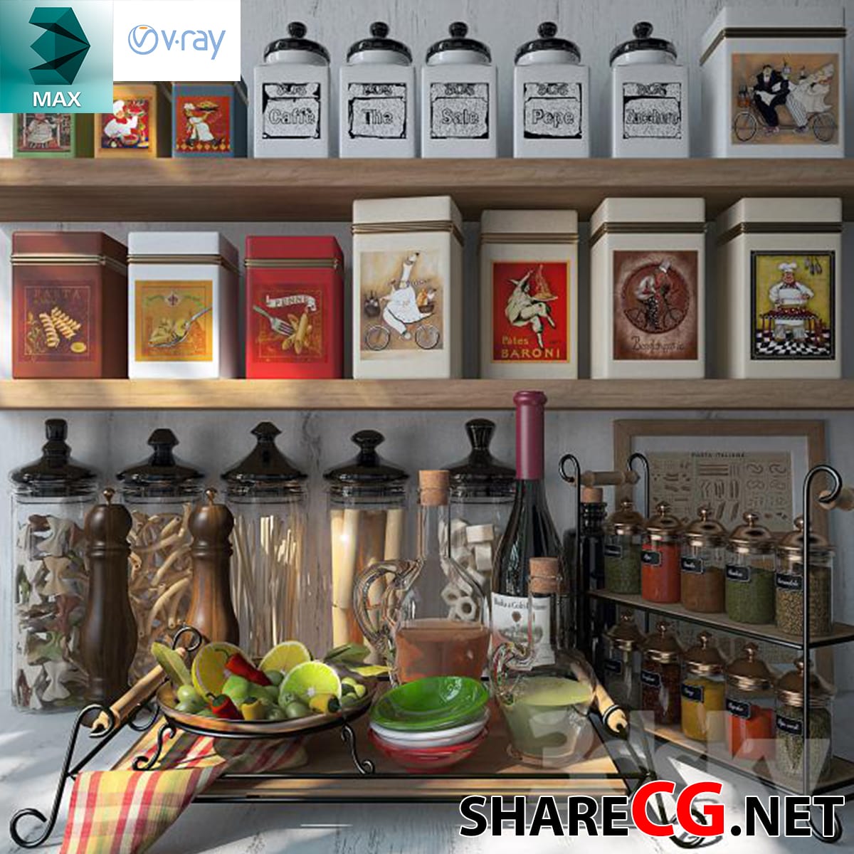 3ds Max vintage kitchen shelf with illustrated spice tins and pasta storage jars