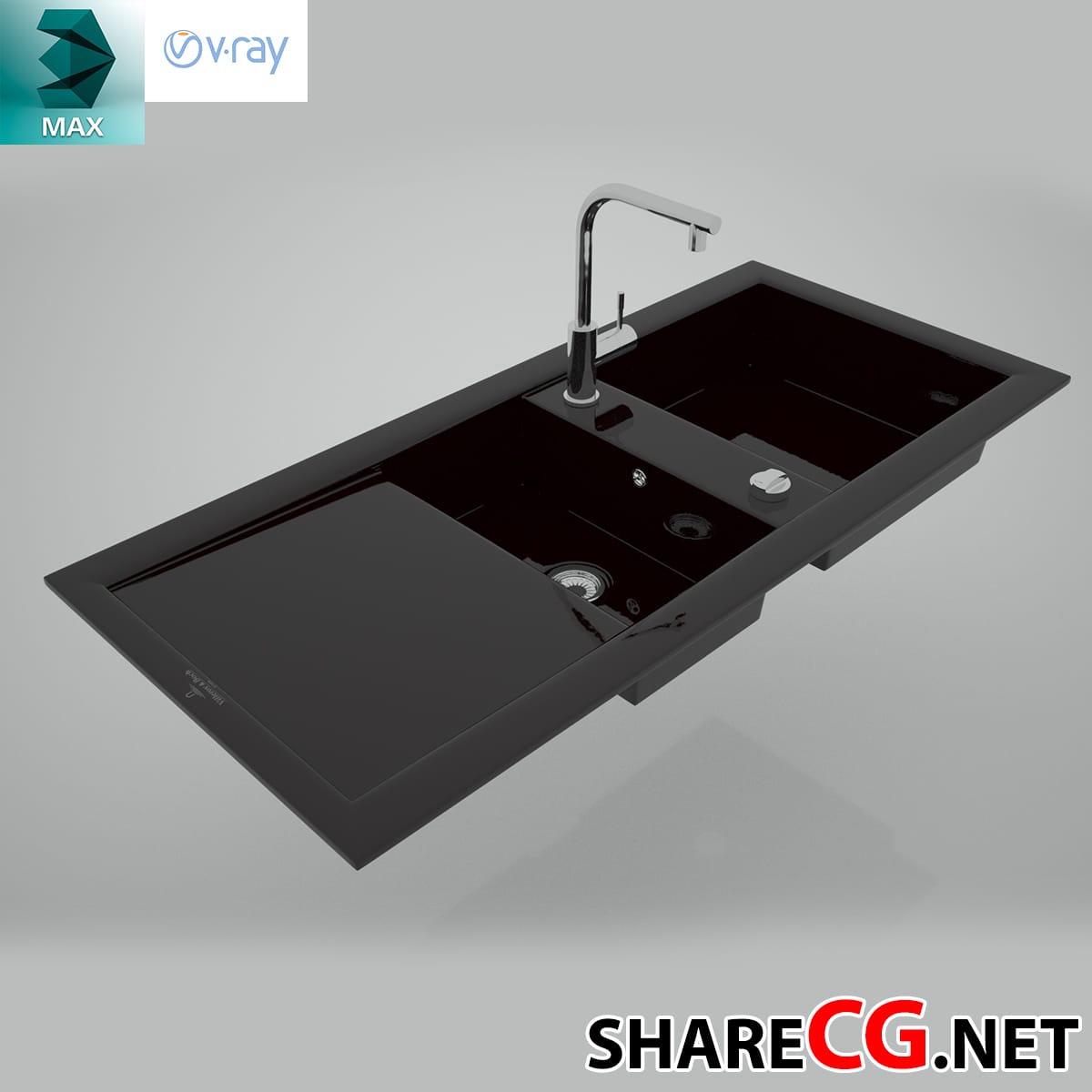 3ds Max modern black granite kitchen sink with chrome pull-out faucet