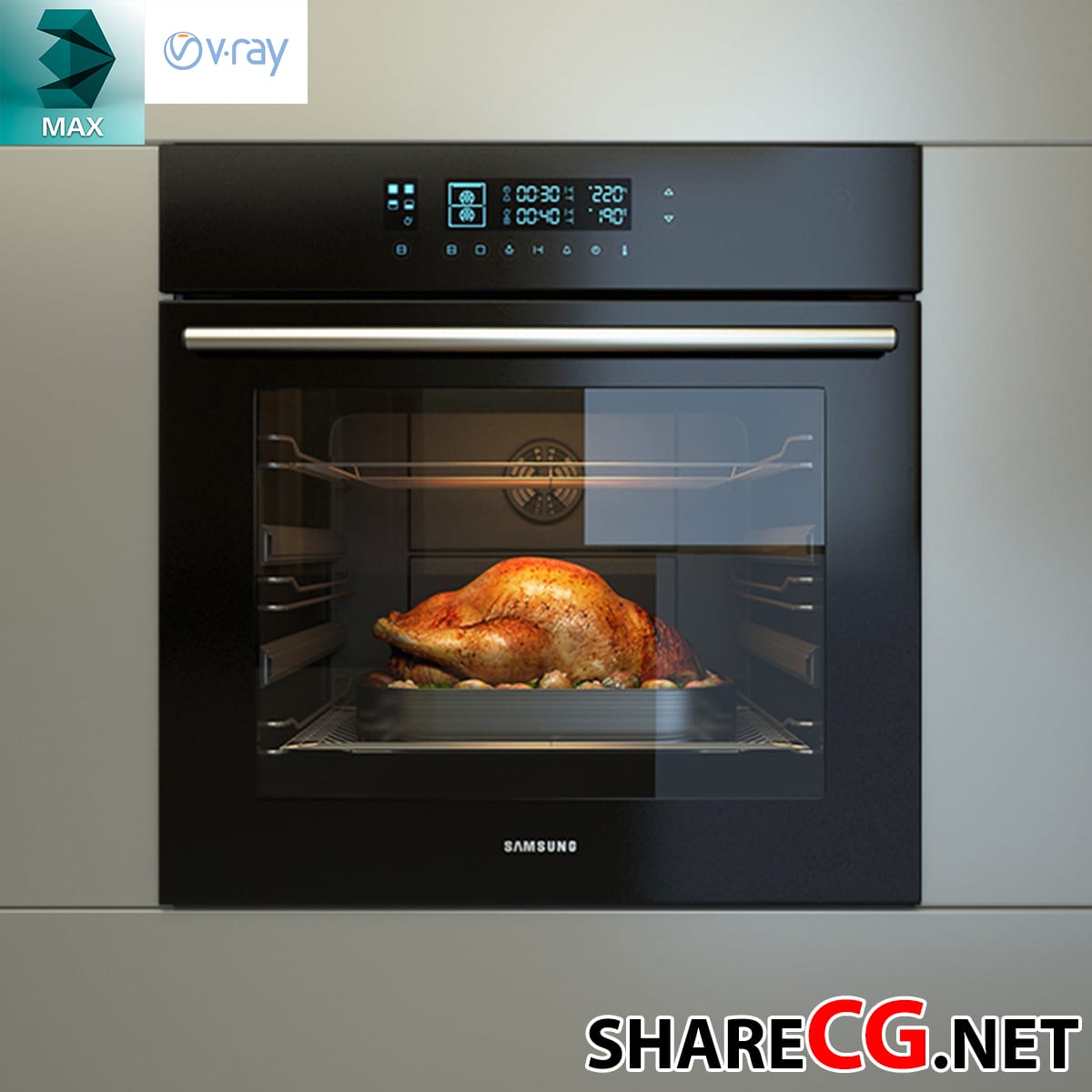 3ds Max modern black built-in oven with roasted turkey inside