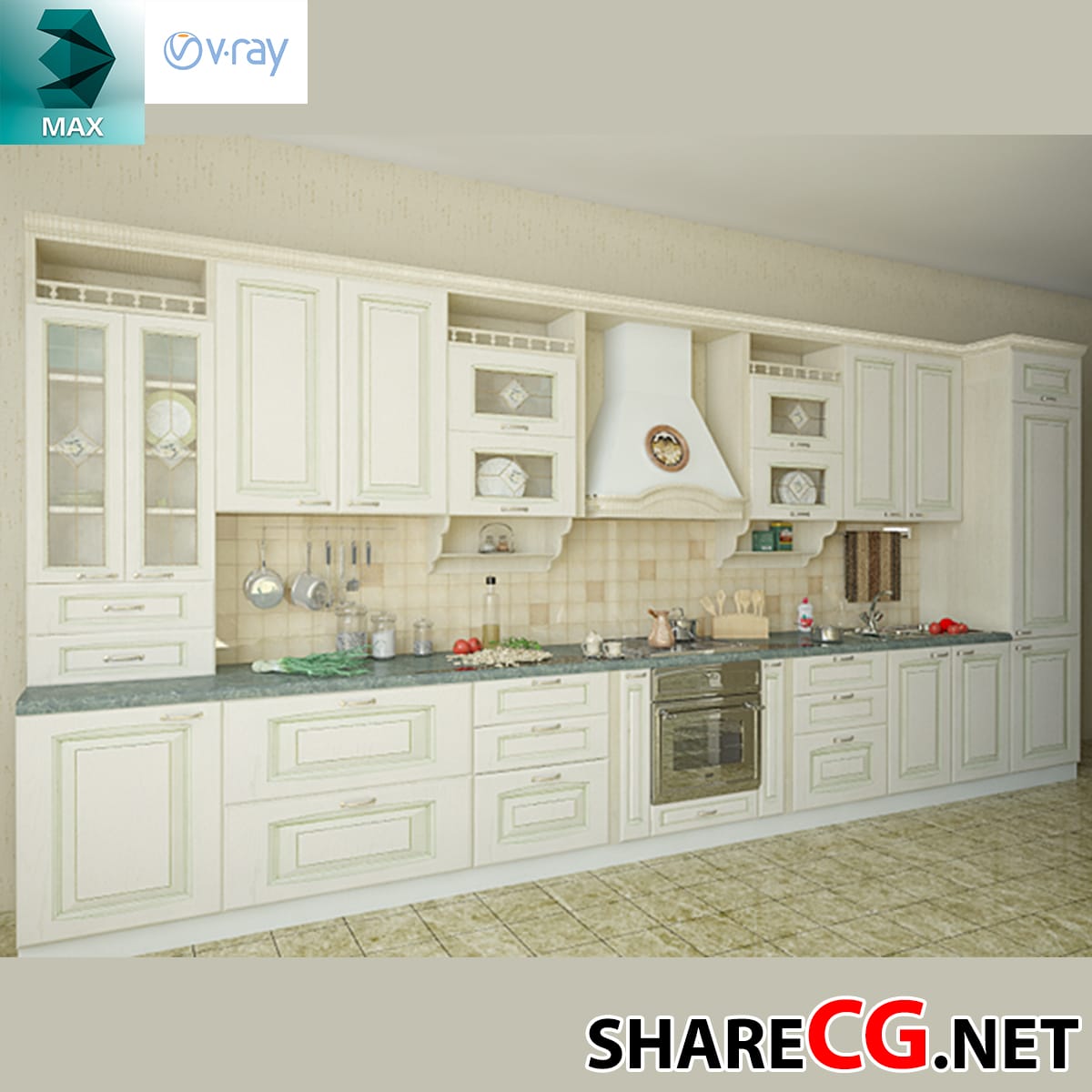 3ds Max classic cream kitchen cabinets with green marble countertop