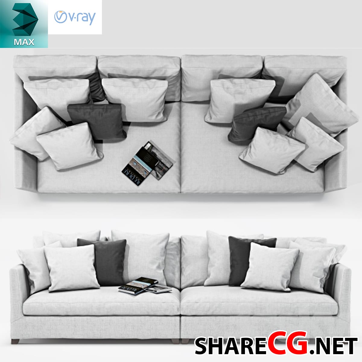 3ds Max modern grey L-shaped sectional sofa with throw pillows