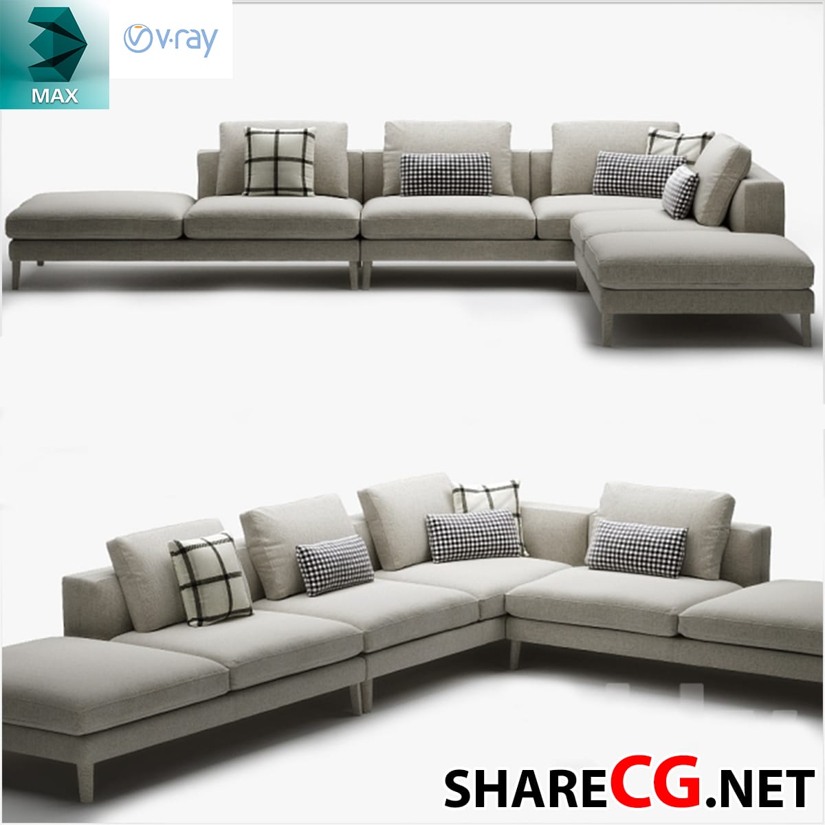 3ds Max modern beige sectional sofa with plaid and gingham throw pillows
