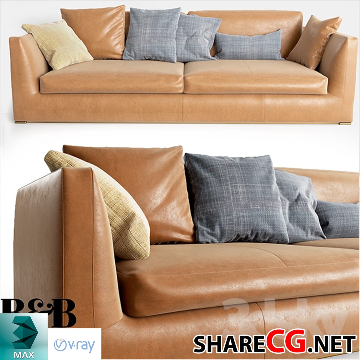 3ds Max modern camel leather sofa with grey and mustard throw pillows