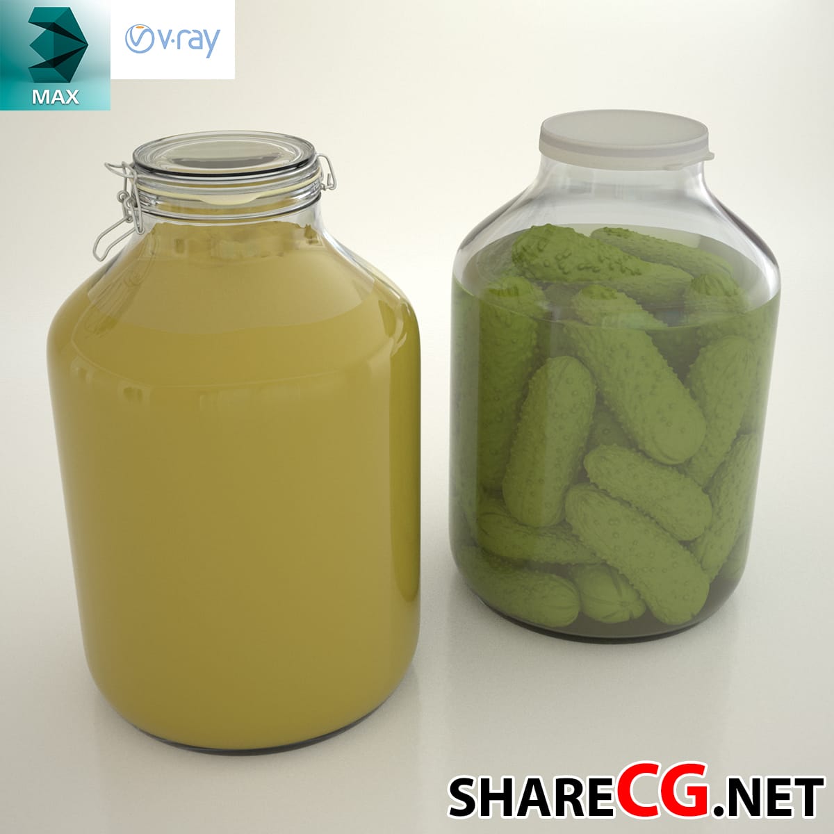 3ds Max glass jars with yellow juice and pickled cucumbers