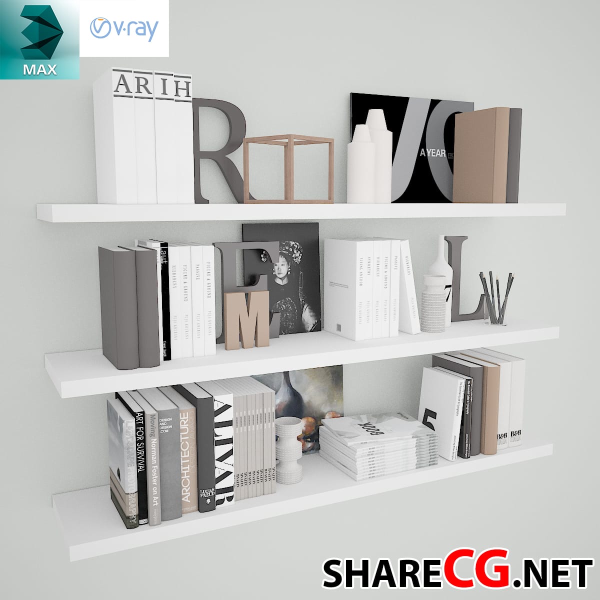 3ds Max modern white floating shelves with books and letter decor