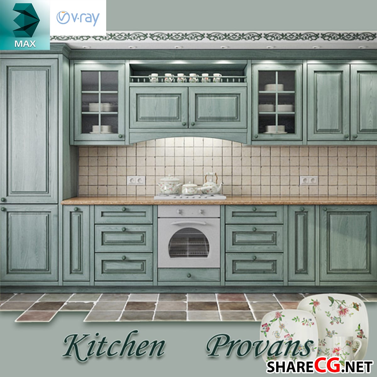 3ds Max classic sage green kitchen cabinets with ceramic plate display