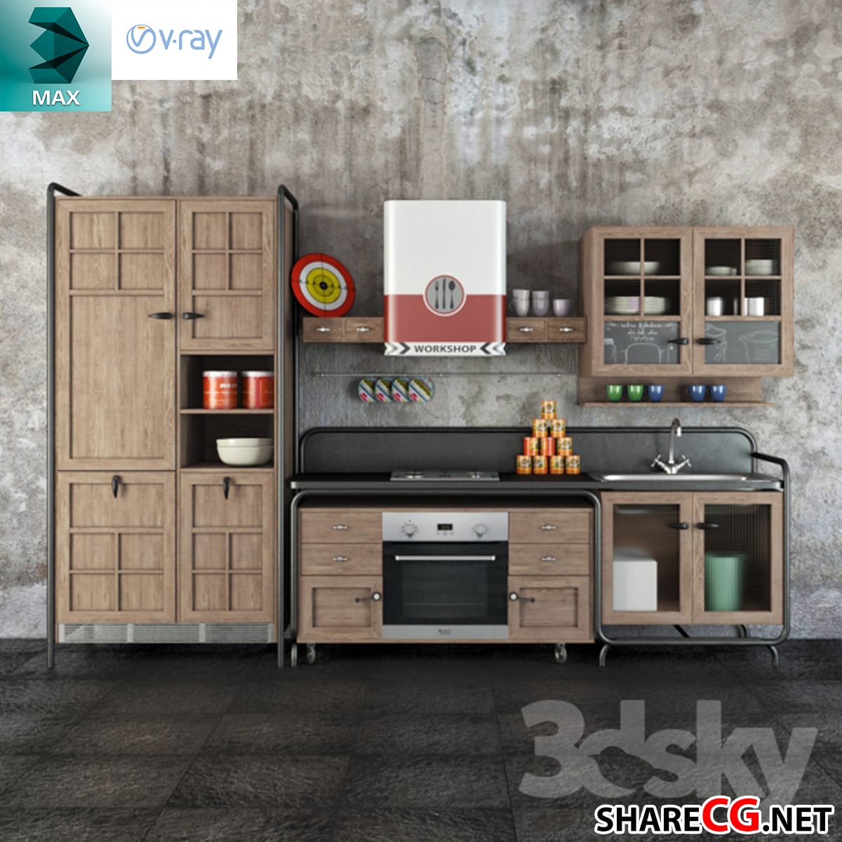 3ds Max industrial kitchen set with black metal frame and concrete wall