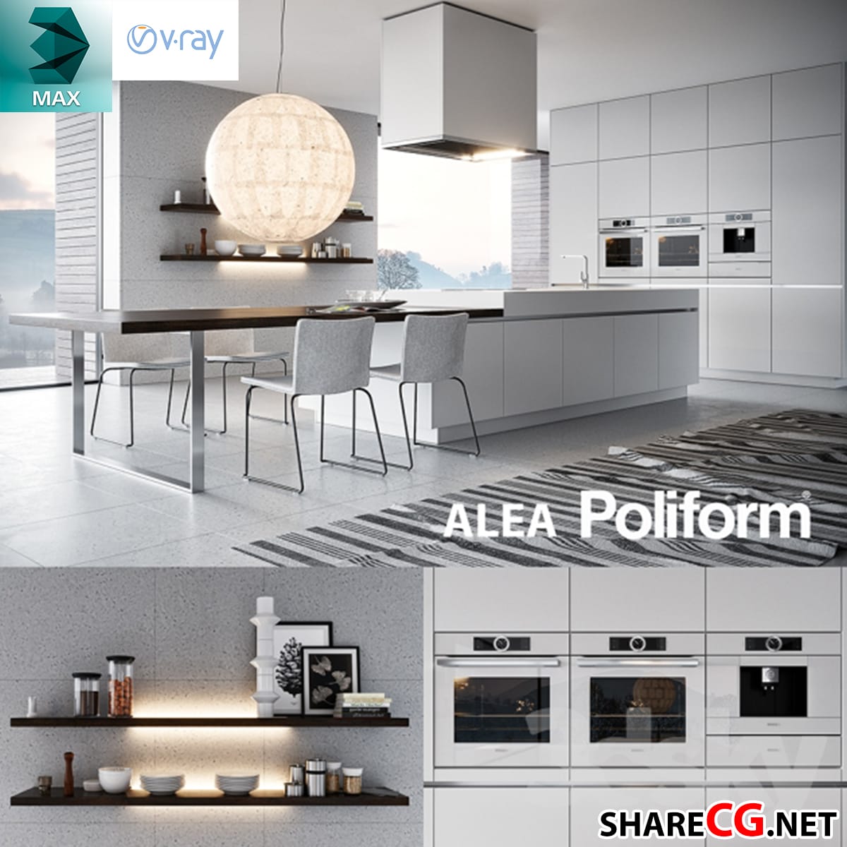 3ds Max modern white kitchen and dining room with sphere pendant light