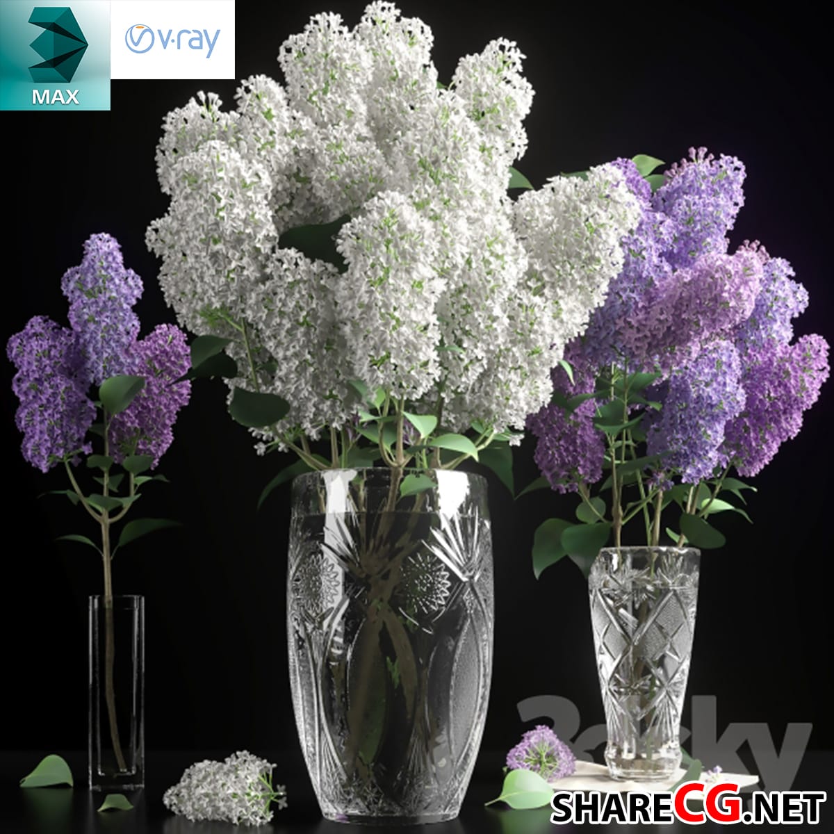 3ds Max white and purple lilac bouquet in crystal cut glass vases