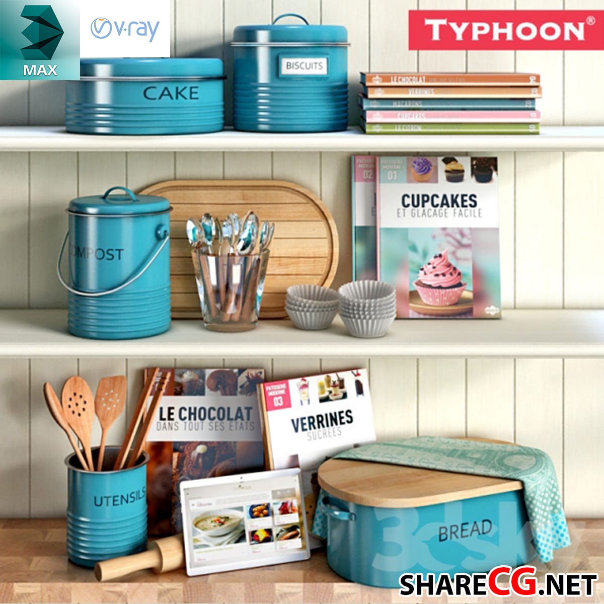 3ds Max vintage teal kitchen canister set with bread bin and cookbooks