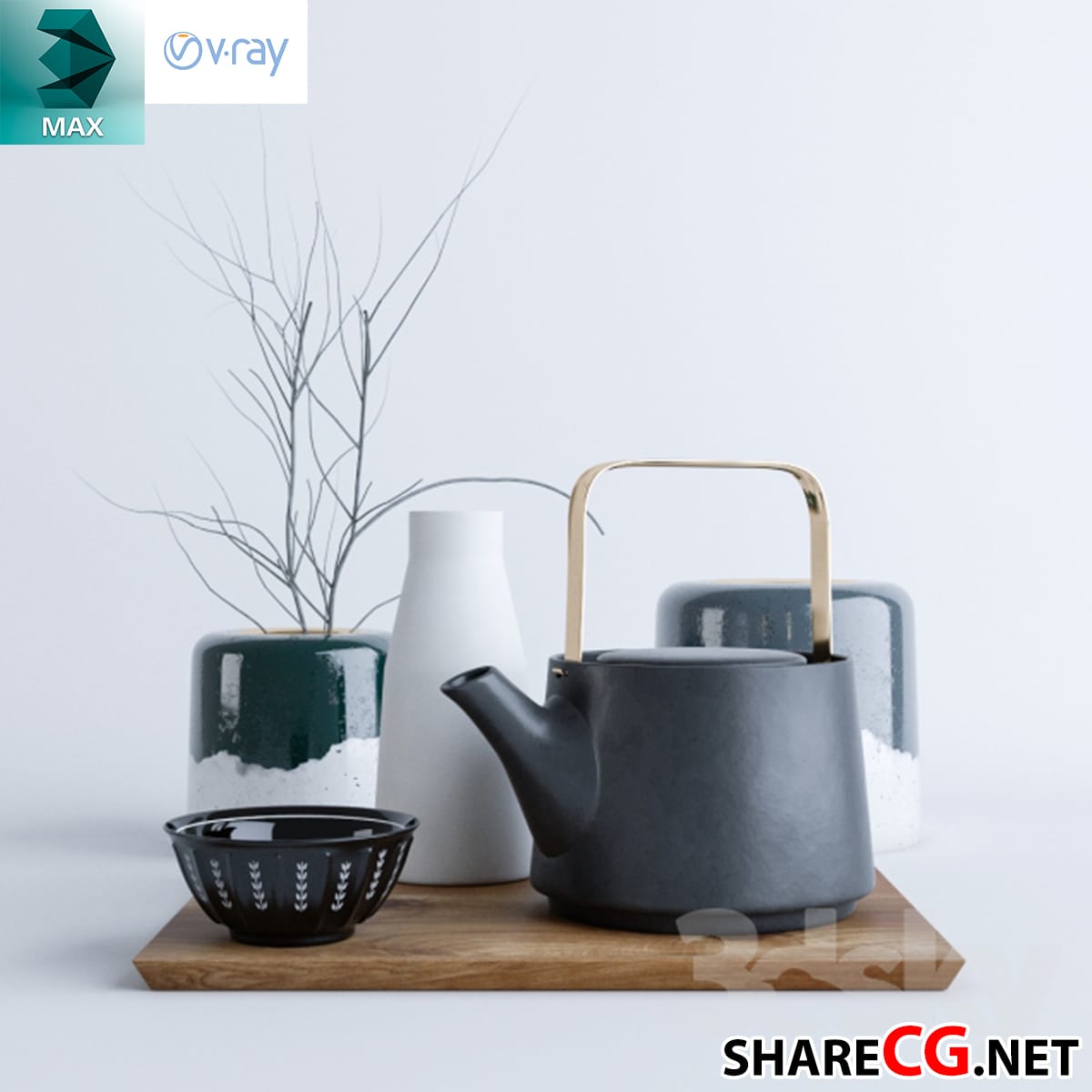 3ds Max modern charcoal teapot set with gold handle and ceramic planters