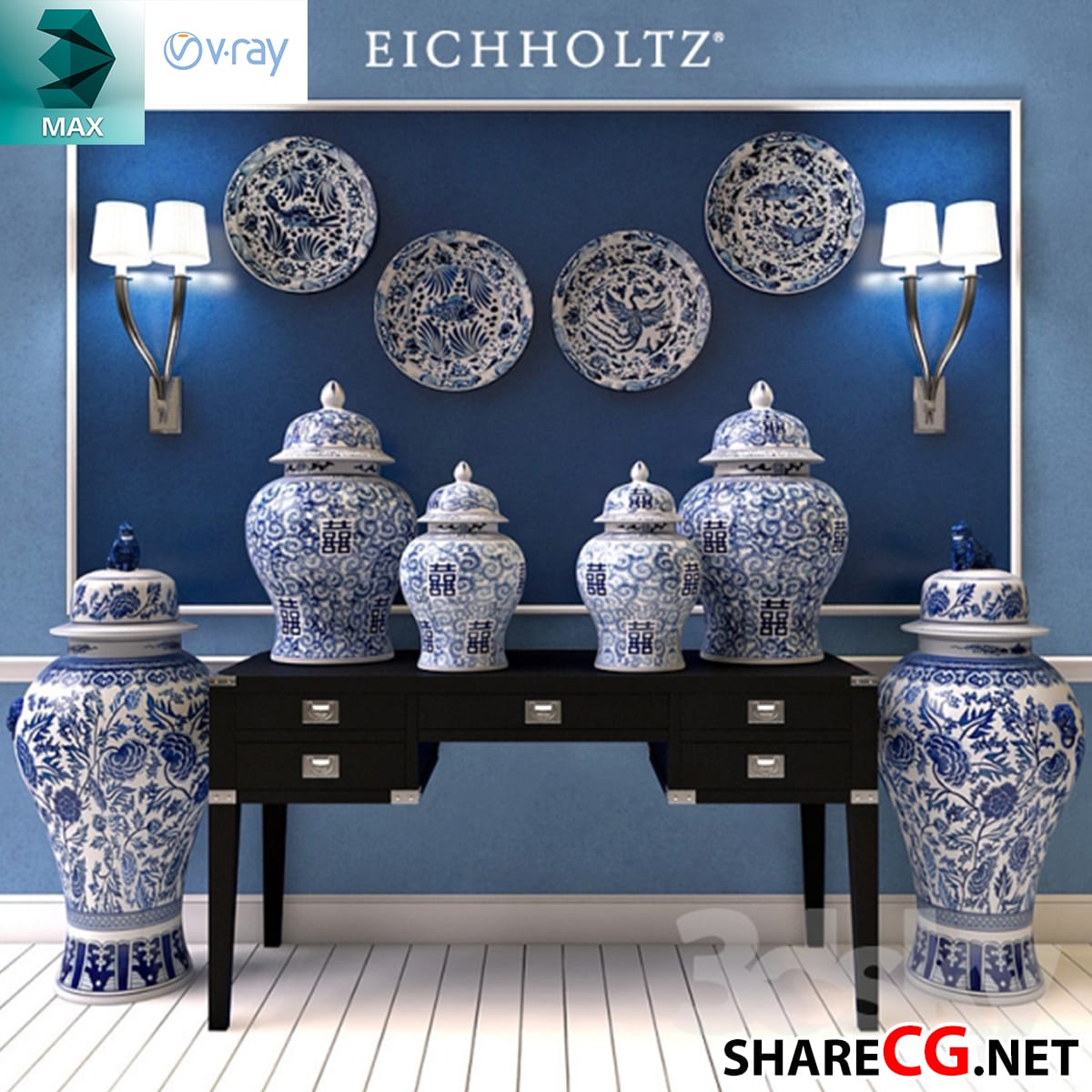 3ds Max luxury blue and white chinoiserie ginger jars with wall plates