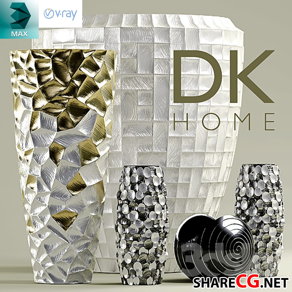3ds Max luxury faceted metallic mosaic vase collection
