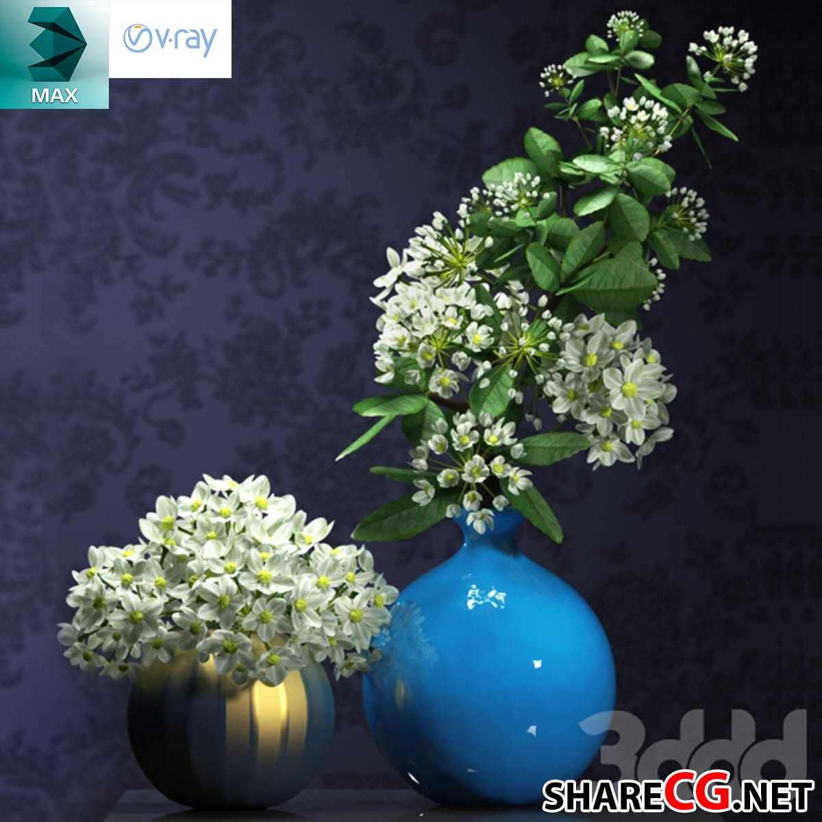 3ds Max white blossom flower branches in blue glass vase