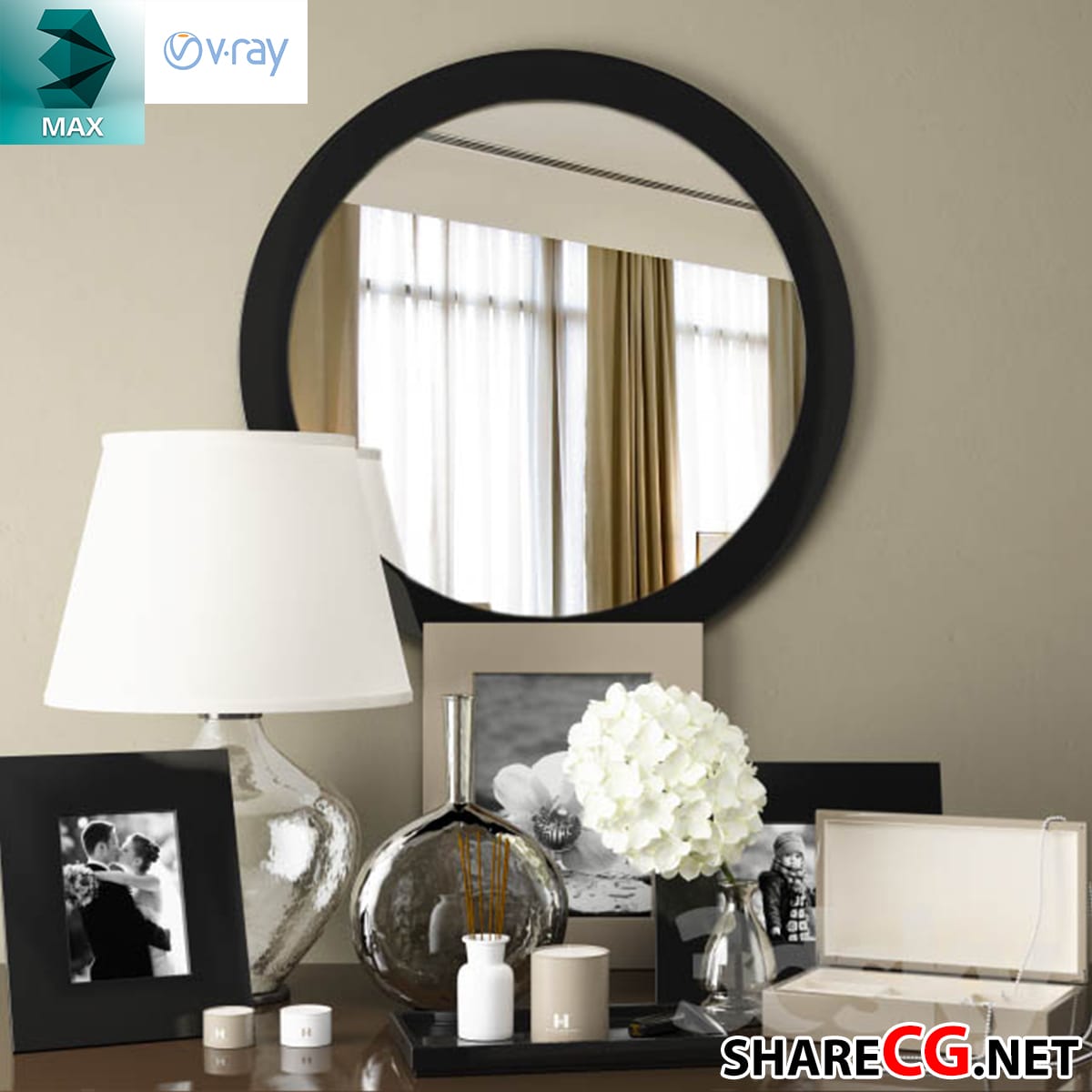 3ds Max modern round black mirror with console table decor