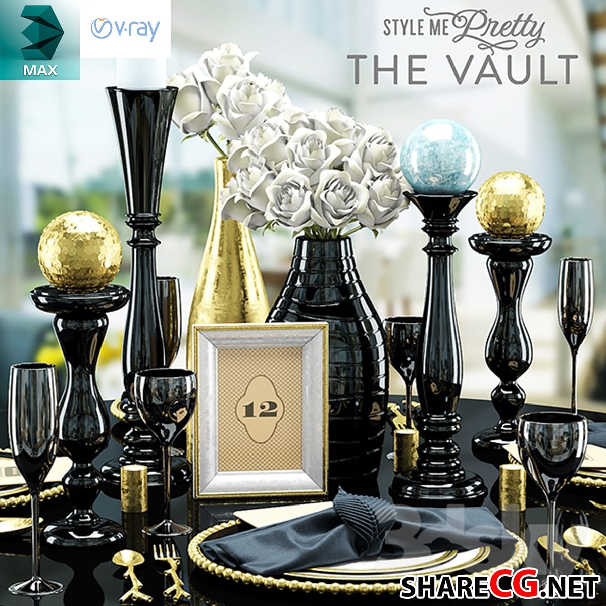 3ds Max luxury black and gold wedding table setting with white roses