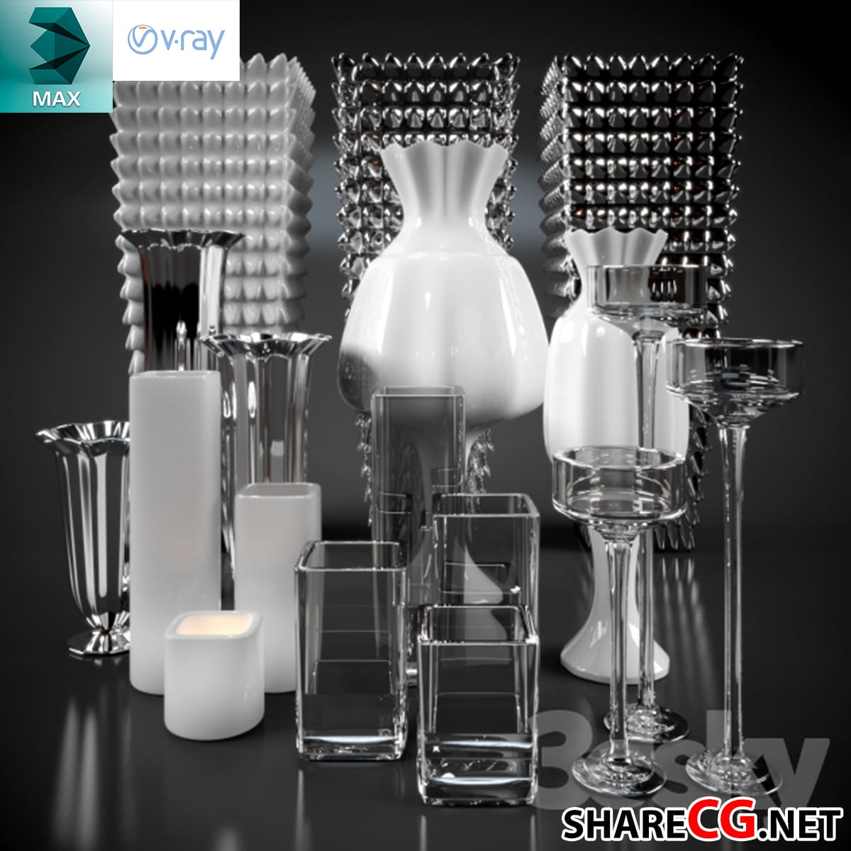 3ds Max modern white and silver decorative vase collection
