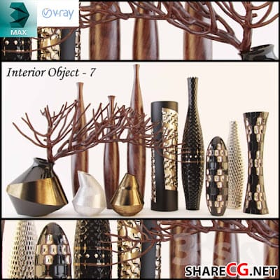 3ds Max modern gold and black decorative vase collection with branch sculpture accents