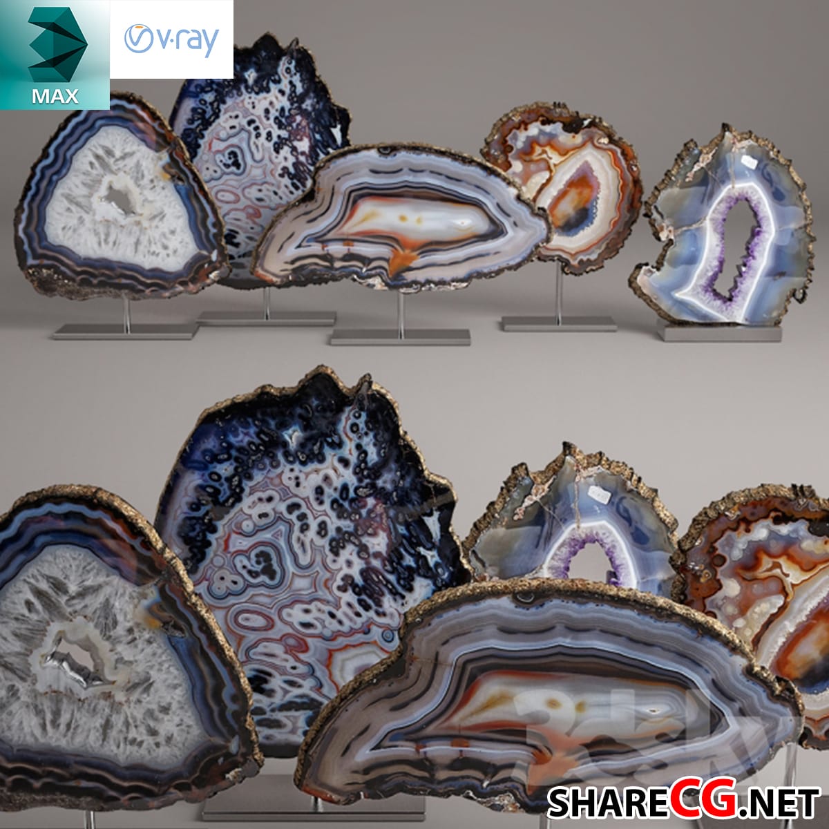 3ds Max luxury polished agate slice decor set mounted on metal stands