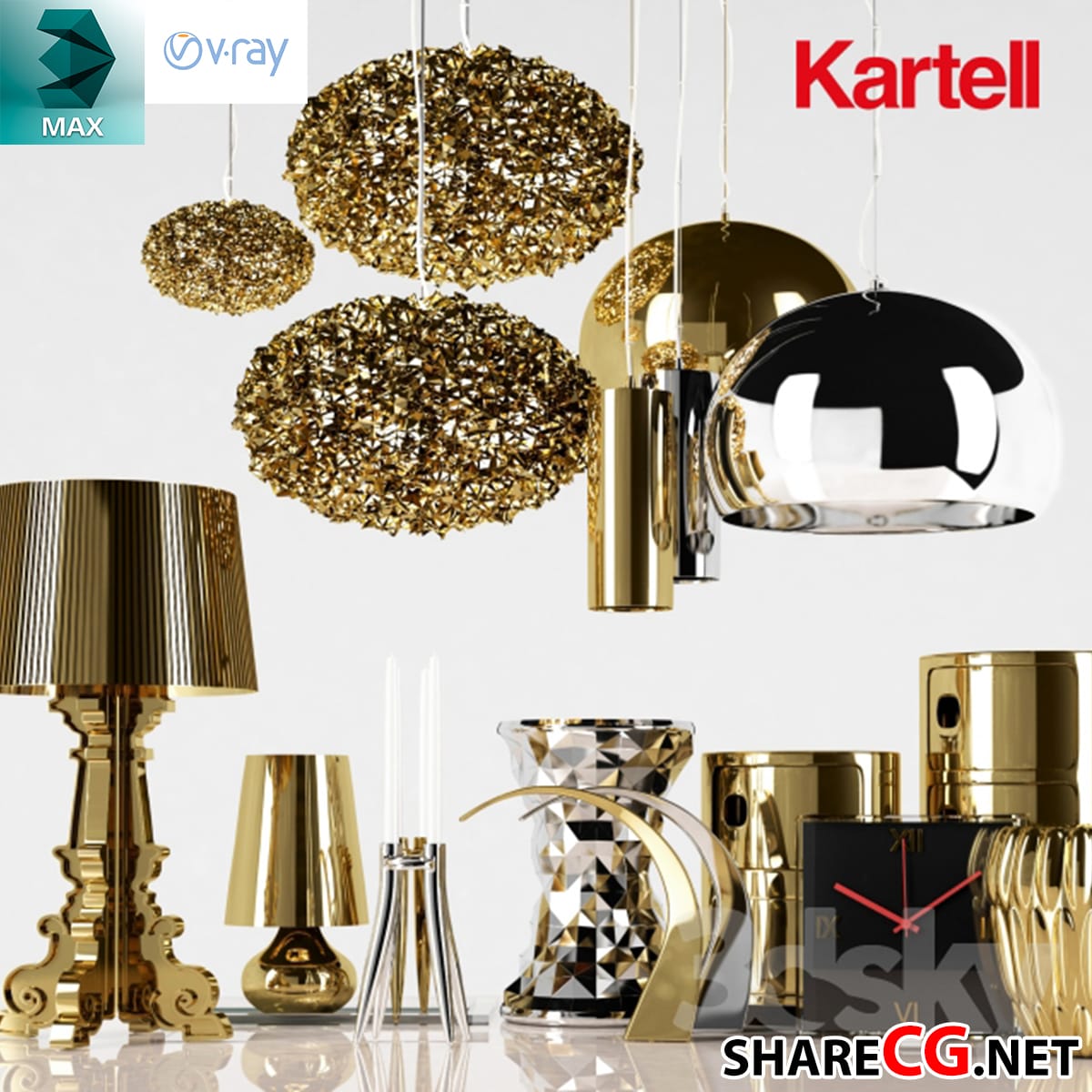3ds Max luxury gold pendant lights with table lamp and decor accessory collection