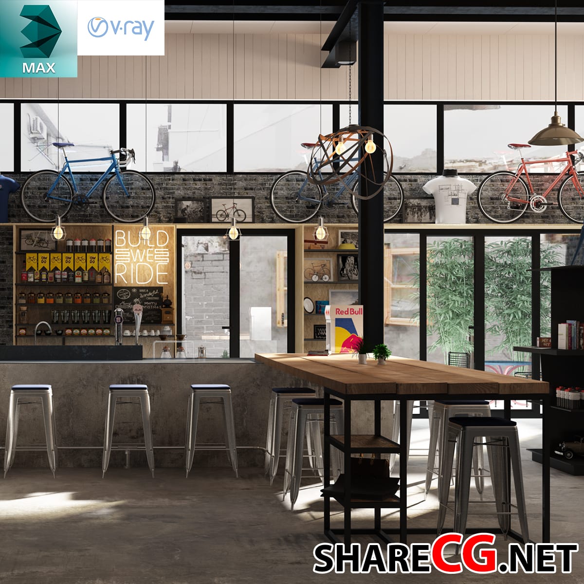 3ds Max industrial bicycle-themed cafe and bar scene with exposed brick and pendant lights