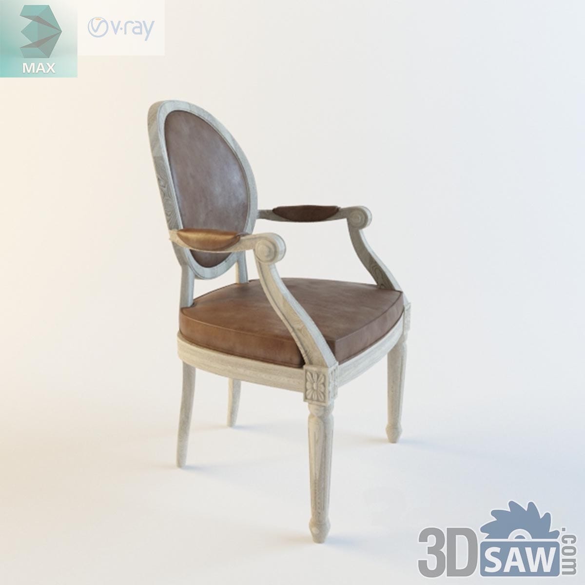 3ds Max classic oval-back armchair with carved wood frame and brown leather upholstery